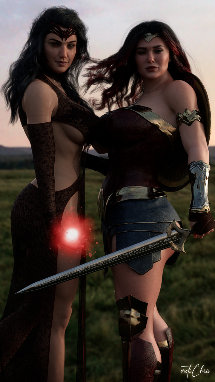 2girls, 3d, avengers, breasts, cga3d, crossover, dc, dc comics, diana prince, elizabeth olsen, erotichris, female, female only, gal gadot, large breasts, marvel, marvel comics, mutant (marvel), olive skin, scarlet witch, wanda maximoff, wonder woman, wonder woman (series), x-men