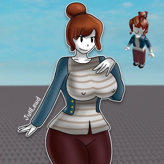 1girls, acorn hair, artist name, baseplate, bottomwear, breasts, brown hair, clothed, color, colored, female, fully clothed, hair tie, hands on breasts, jacket, jutilewd, nipple bulge, nipples visible through clothing, pants, reference image, roblox, roblox avatar, robloxian, self upload, shirt, striped shirt, thighs, topwear, watermark