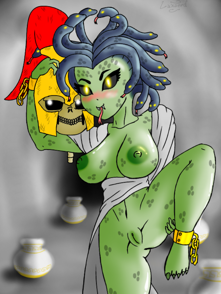 green_skin leg_up medusa medusa_(terraria) monster_girl presenting snake_girl terraria