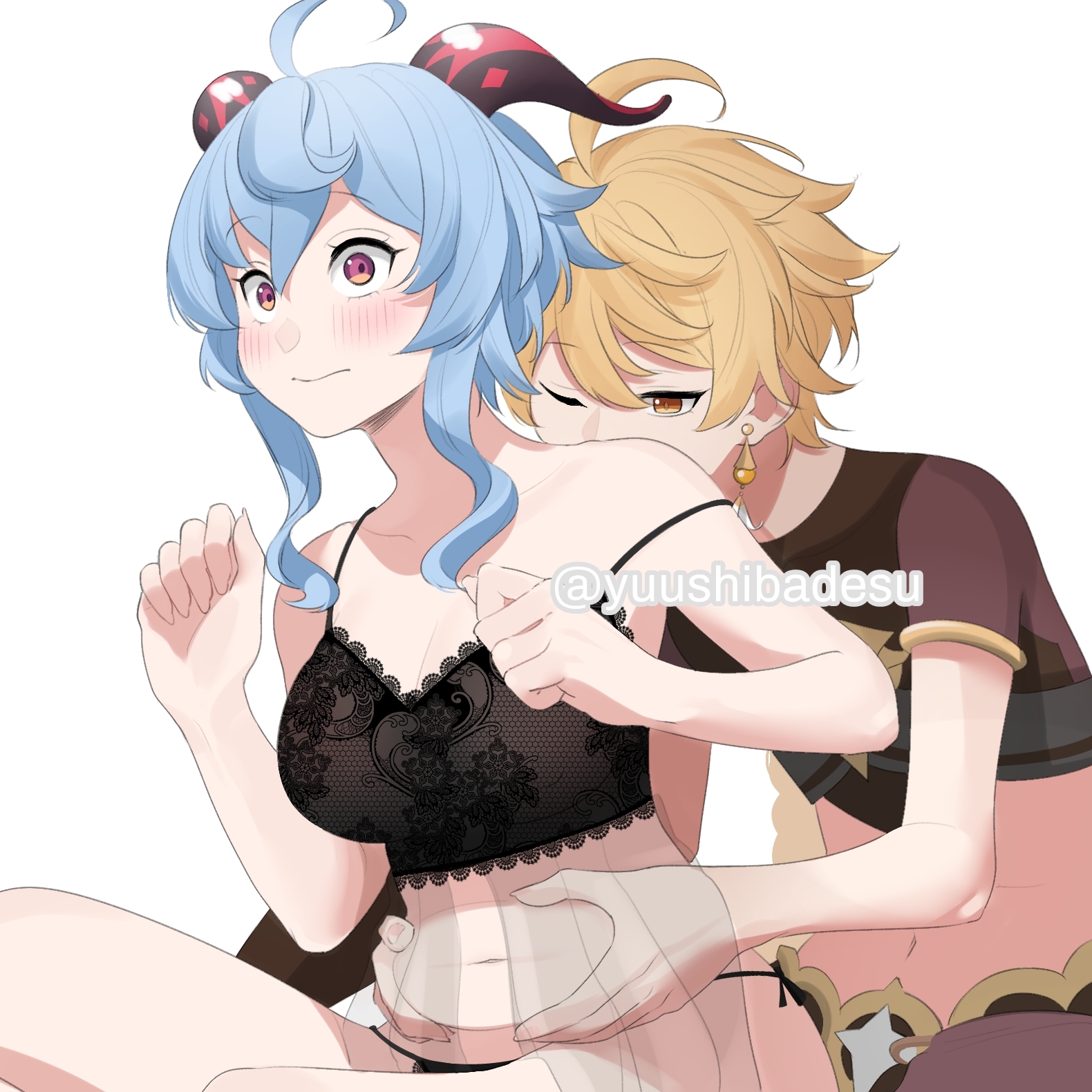 1boy, 1girls, aether (genshin impact), belly, belly grab, blush, breasts, chubby, chubby female, cute, embarrassed, female, ganyu (genshin impact), genshin impact, goat horns, groping, hi res, horn, lingerie, male, midriff, navel, plump, slightly chubby, straight, underwear, yuushiba