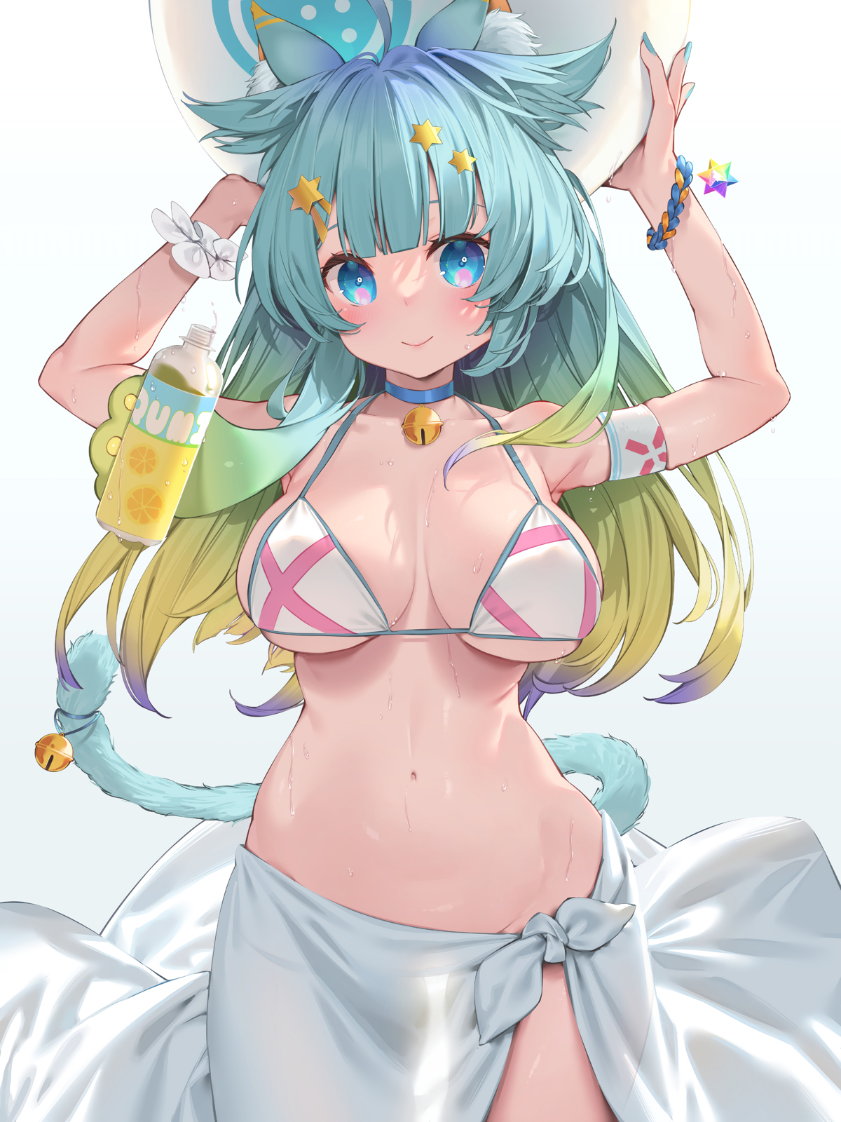 animal ears, aqua hair, aqua nails, arms up, ball (object), bangs, bikini, blonde hair, blue background, blue hair, blunt bangs, bottle, breasts, cat ears, cat tail, closed mouth, female, gradient, gradient background, gradient hair, highres, holding, holding ball, indie virtual youtuber, lanmewko, large breasts, long hair, looking at viewer, multicolored hair, nail polish, navel, smile, smiling, solo, sweat, sweatdrop, sweaty, sweaty breasts, swimsuit, tail, virtual youtuber, waterring