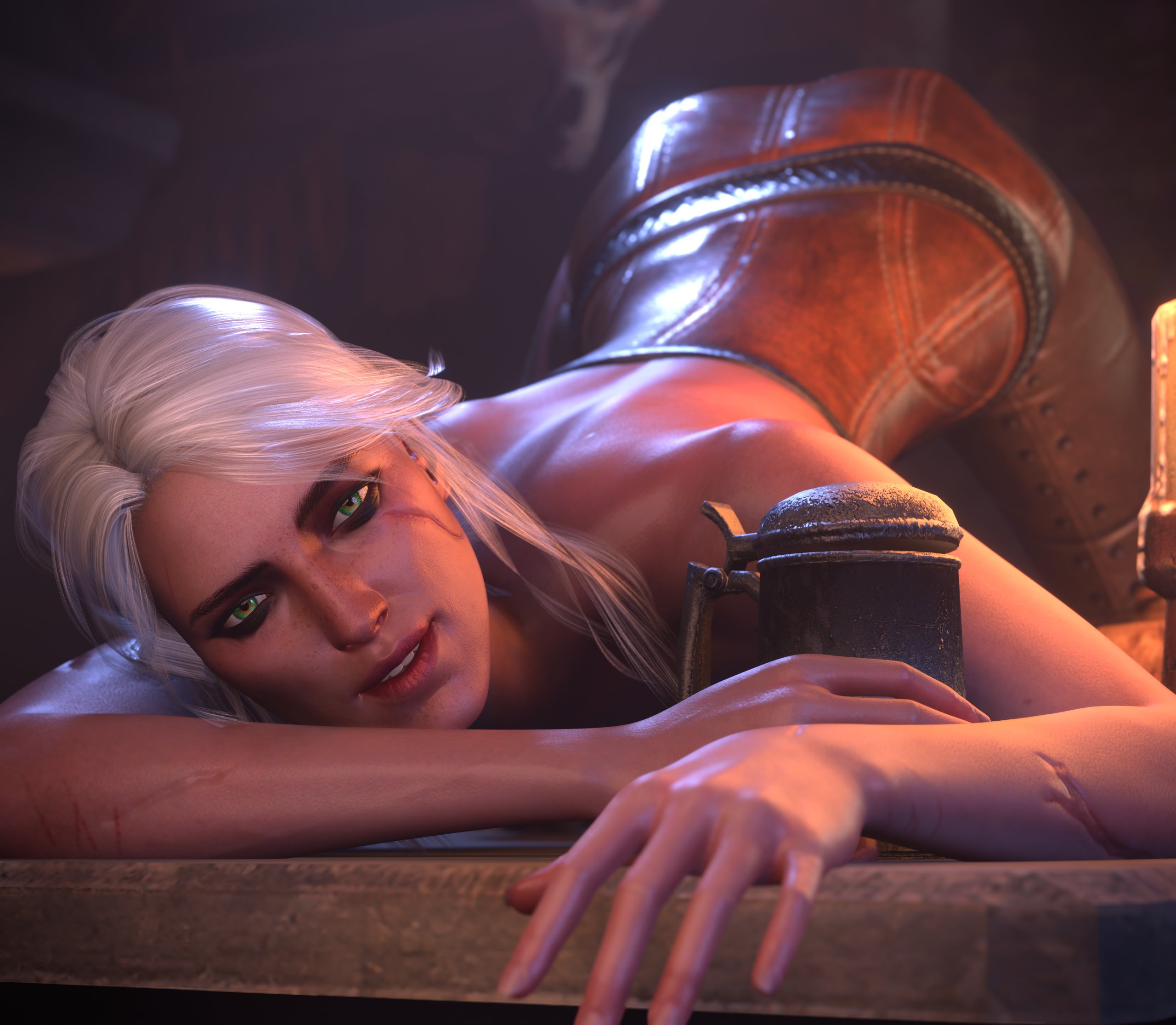 1girls, 3d, athletic, athletic female, breasts, busty, cd projekt red, ciri, female, female focus, female only, hourglass figure, koyz3d, makeup, pinup, pinup pose, scar, solo, tagme, the witcher (series), the witcher 3: wild hunt, topless, white hair, wide hips