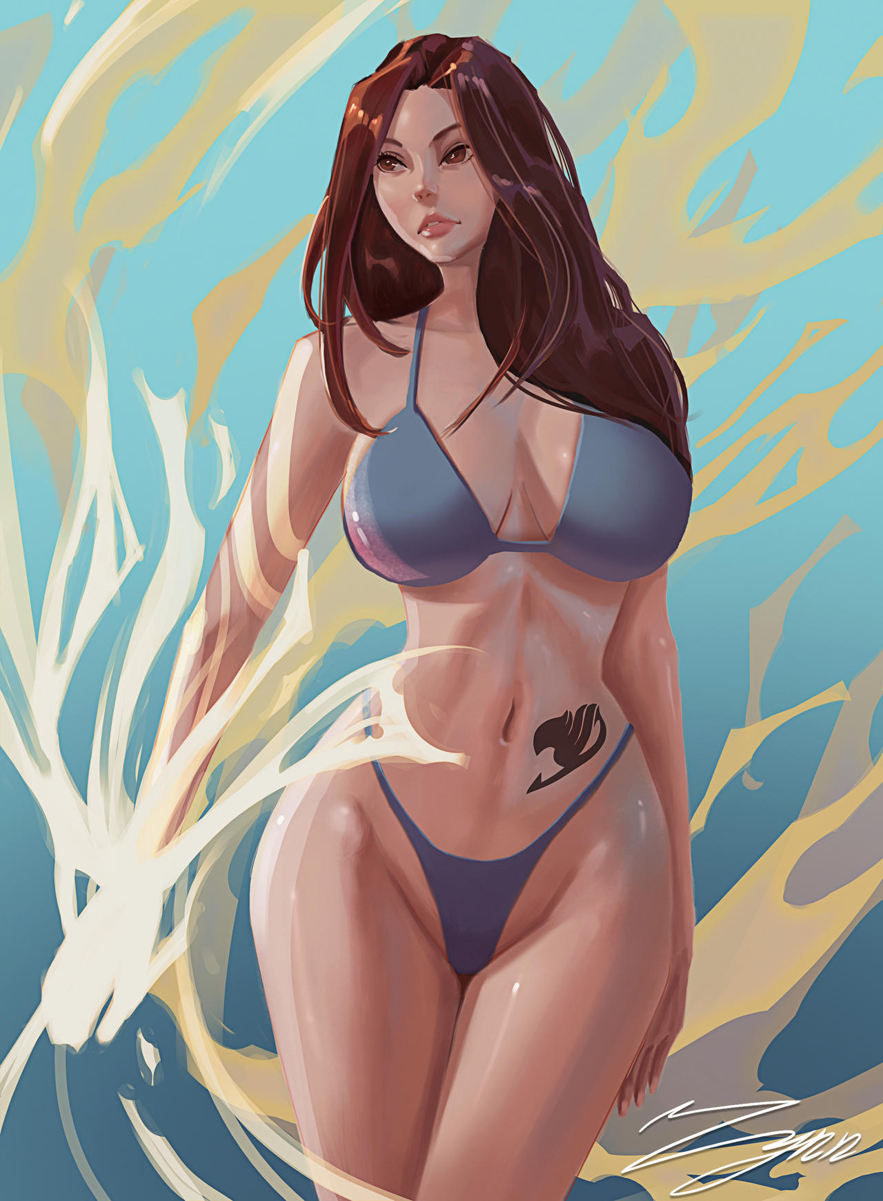 1girls, 2022, 2d, 2d (artwork), artist name, aura, belly tattoo, big breasts, bikini, black tattoo, blue bikini, breasts, brown eyes, brown hair, brown-haired female, cana alberona, cleavage, curvy female, curvy hips, curvy milf, energy, fairy tail, fairy tail mark, female, female only, huge breasts, human, human female, human only, large breasts, light skin, light-skinned female, long hair, looking away, mage, magic, no sex, questionable, realistic proportions, solo, solo female, standing in water, straight hair, straining clothing, tattoo, tattoo on belly, tight bikini, tight clothing, tight swimsuit, tight swimwear, wide hipped female, wide hips, zlenai