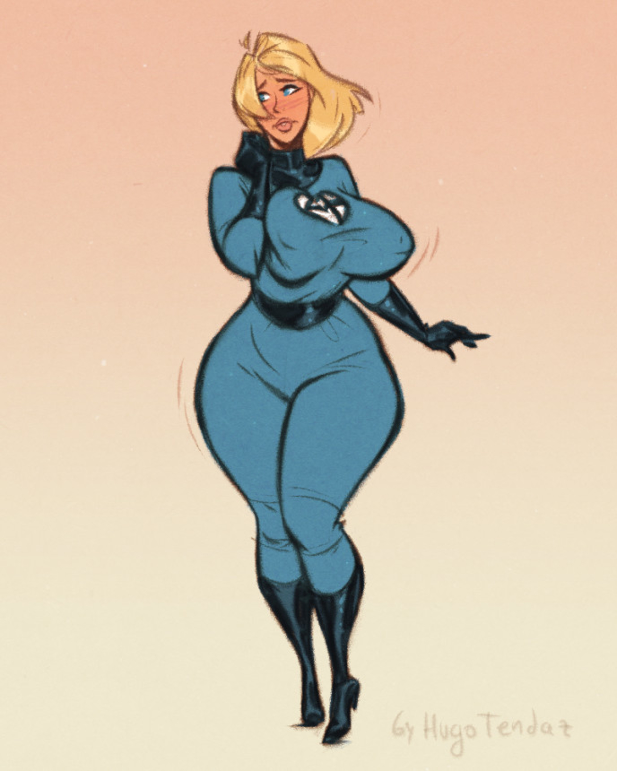 1girls, ass, big ass, big breasts, blonde hair, blue eyes, bodysuit, breasts, breasts bigger than head, fantastic four, female, female only, huge breasts, hugotendaz, human, human only, invisible woman, large breasts, light skin, light-skinned female, lips, marvel, marvel classic era, marvel comics, multicolored background, sue storm, thick thighs, wide hips