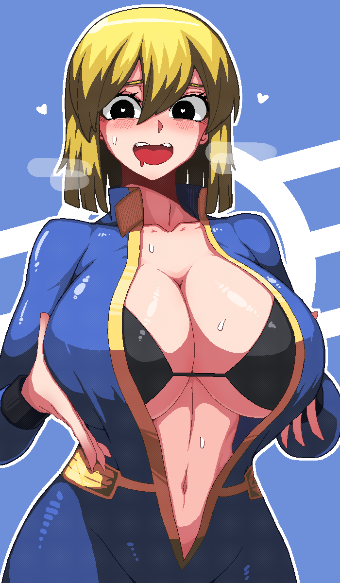 1girls black_eyes blonde_hair bodysuit bra breasts cleavage fallout female female_focus female_only formicid heart-shaped_pupils in_heat large_breasts looking_at_viewer midriff open_clothes solo vault_dweller vault_girl vault_suit