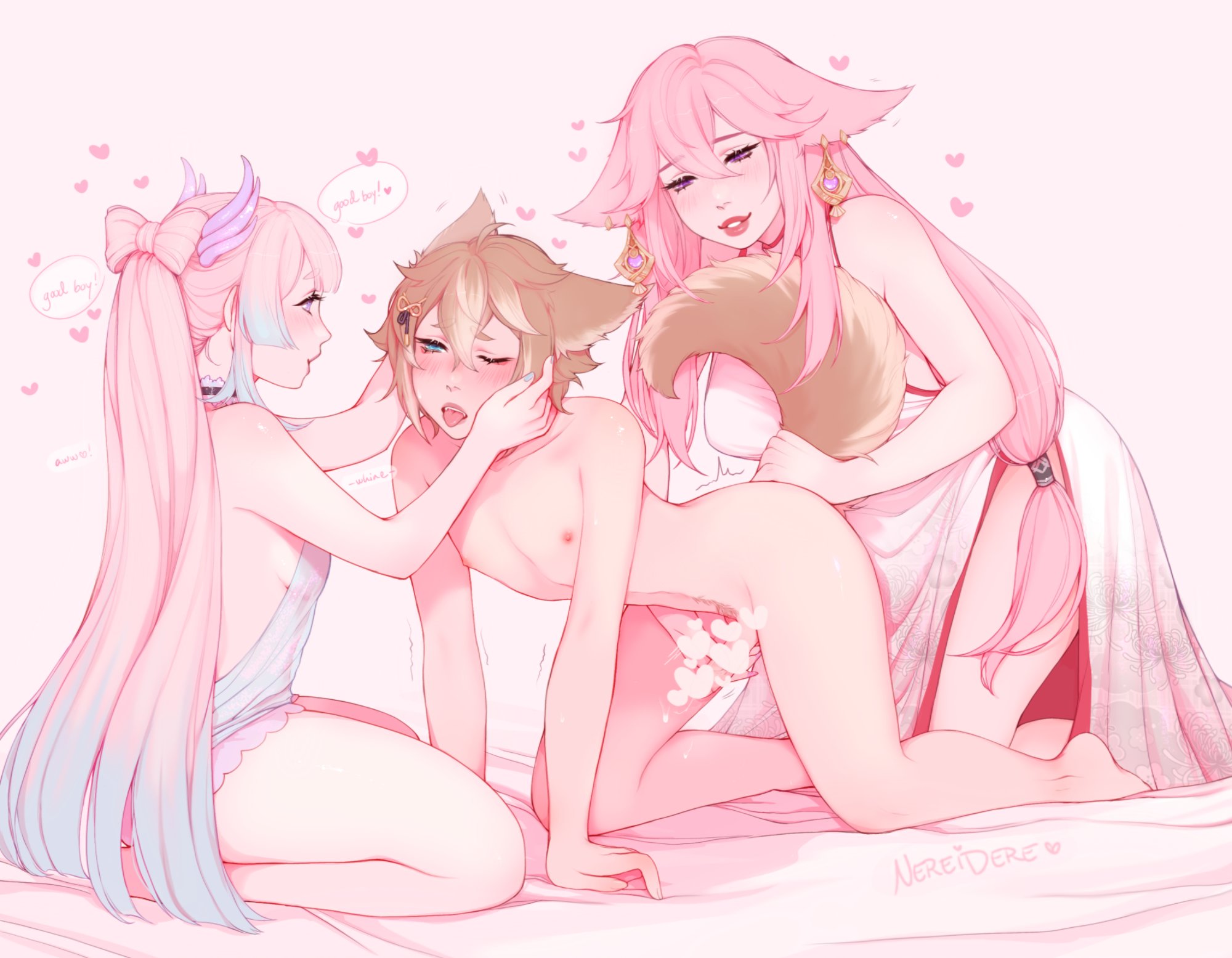 1boy, 2022, 2girls, all fours, animal ears, blonde hair, blush, brown hair, censored, censored penis, dialogue, female, female domination, femboy, femboy on female, femdom, fox ears, fox tail, genshin impact, girly, good boy, gorou (genshin impact), handjob, heart censor, long hair, looking pleasured, male, malesub, milking handjob, nereidere, penis, pink hair, ponytail, sangonomiya kokomi, straight, tail, tail pull, text, wholesome, yae miko