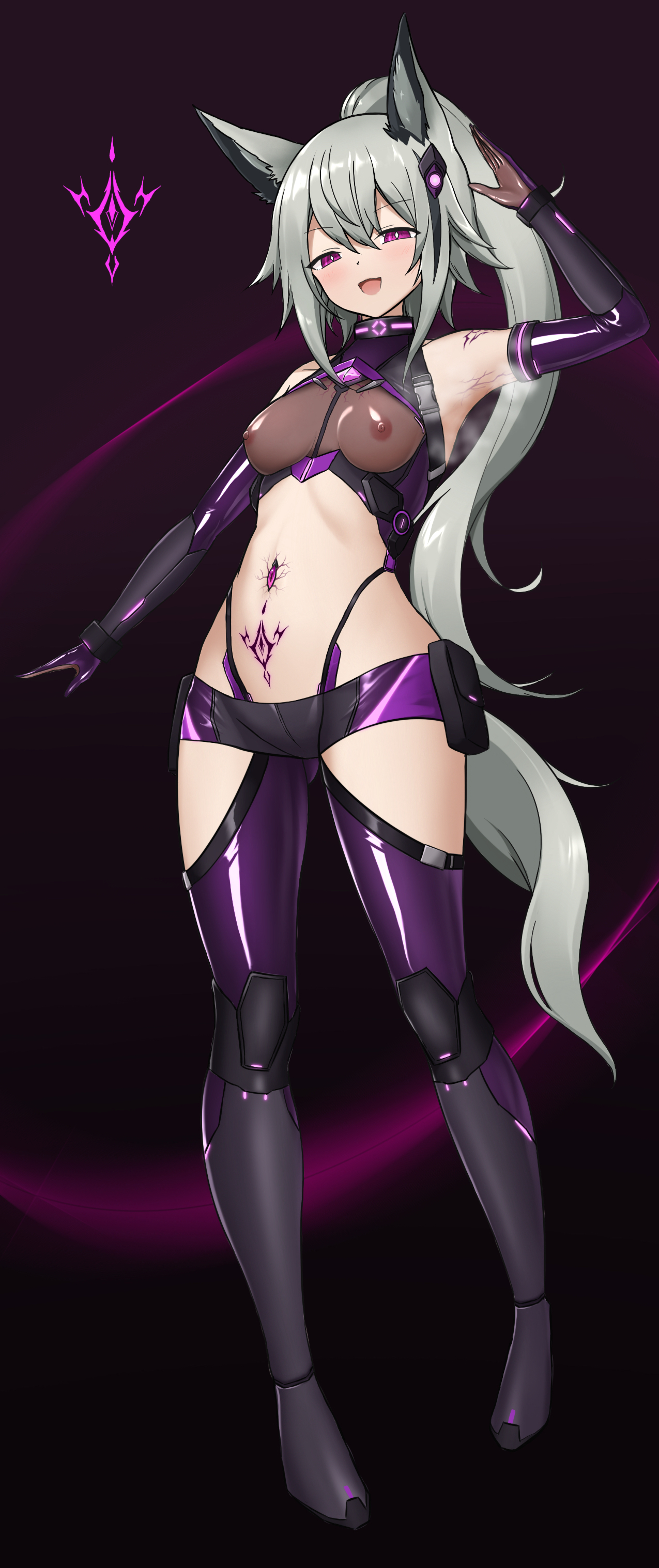 :d, 1girls, absurdres, alternate costume, alternate eye color, animal ear fluff, arknights, arm guards, arm up, armpits, bangs, bare shoulders, black footwear, black hair, black shorts, blush, boots, breasts, bright pupils, brown gloves, budesonide, collar, corruption, crop top, dark persona, elbow gloves, eyebrows visible through hair, female, female only, front view, full body, gloves, gluteal fold, grani (arknights), grey hair, highres, knee boots, looking at viewer, medium breasts, midriff, multicolored hair, naughty face, navel, navel piercing, nipples, open mouth, piercing, pointy ears, ponytail, pubic tattoo, purple eyes, purple gloves, purple legwear, purple shorts, revealing clothes, see-through, shiny clothes, short shorts, shorts, shoulder tattoo, sleeveless, smile, solo, standing, stomach, streaked hair, tattoo, thighhighs, tight clothing, two-tone gloves, two-tone hair, very long hair