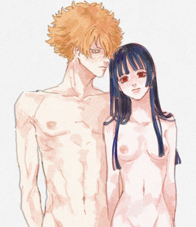 1boy 1girls afro black_hair blue_hair blush completely_nude crack_pairing dark_blue_hair dark_hair expressionless female gintama hair_over_one_eye hime_cut imai_nobume long_hair looking_at_viewer male nude orange_hair pale-skinned_female pale-skinned_male pale_skin red_eyes saitou_shimaru small_breasts