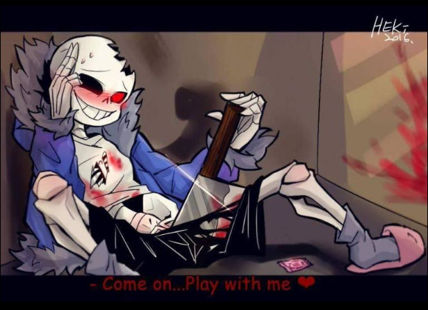 2010s 2016 2d alternate_universe animated_skeleton artist_name blood blush butcher_knife condom condom_wrapper cutting_clothes english_text heki_(artist) horror_sans horrortale humanoid knife male_only ripping_clothing sans sans_au skeleton solo text undertale undertale_(series) undertale_au undertale_fanfiction