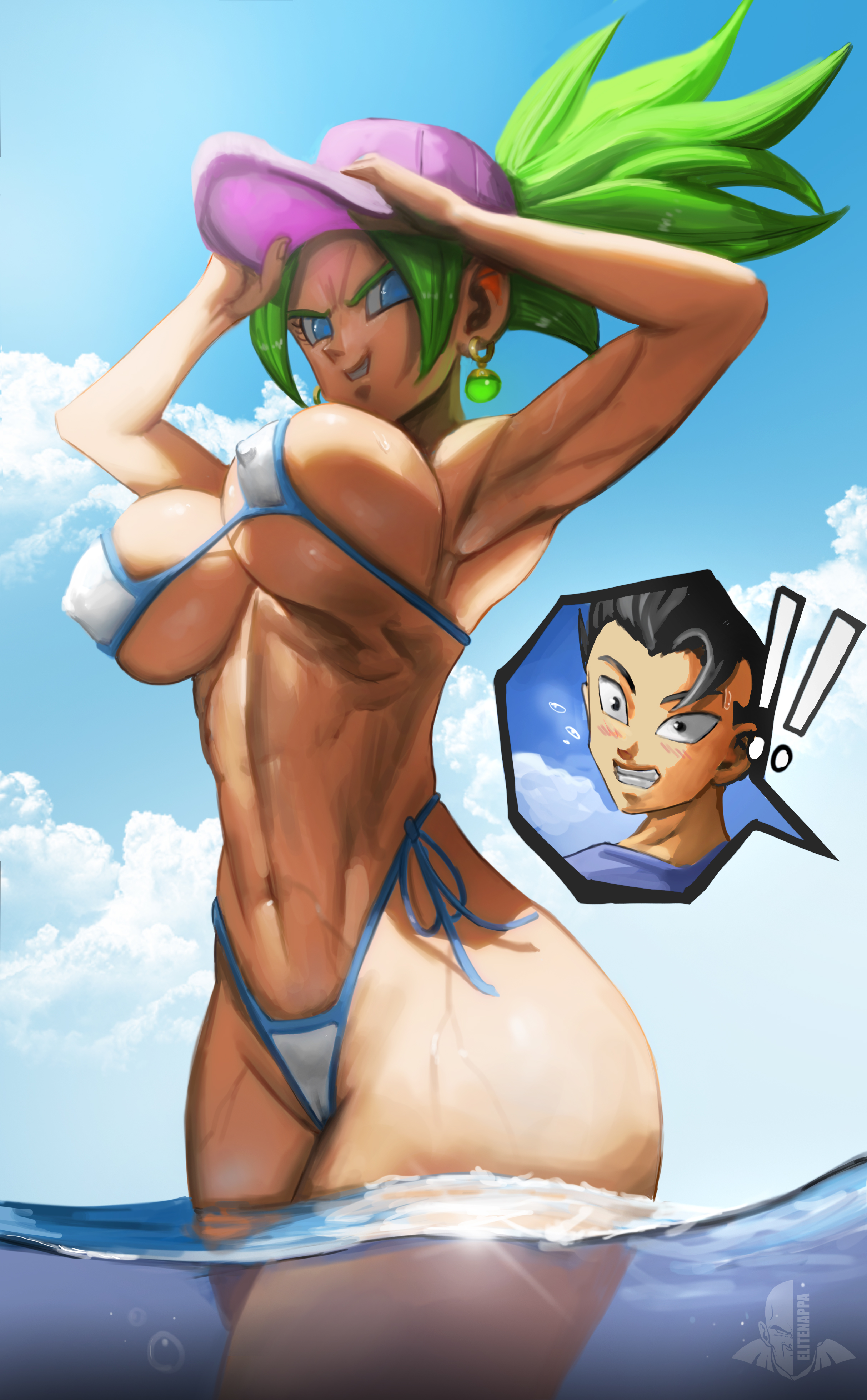 1boy, 1girls, alternate version at source, alternate version available, beach, big breasts, bikini, blue eyes, breasts, cabba, dragon ball, dragon ball super, ear piercing, earrings, elitenappa, female, female saiyan, fusion, green hair, hat, kefla, legendary super saiyan, looking at viewer, male, nipple bulge, nipples, nipples visible through clothing, ocean, piercing, saiyan, smile, smug, super saiyan, super saiyan 2, thick thighs, underboob, wide hips
