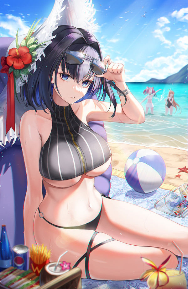 beach, blue eyes, blue hair, breasts, female, hololive, hololive english, hololive english -council-, hololive english -promise-, ouro kronii, underboob, virtual youtuber