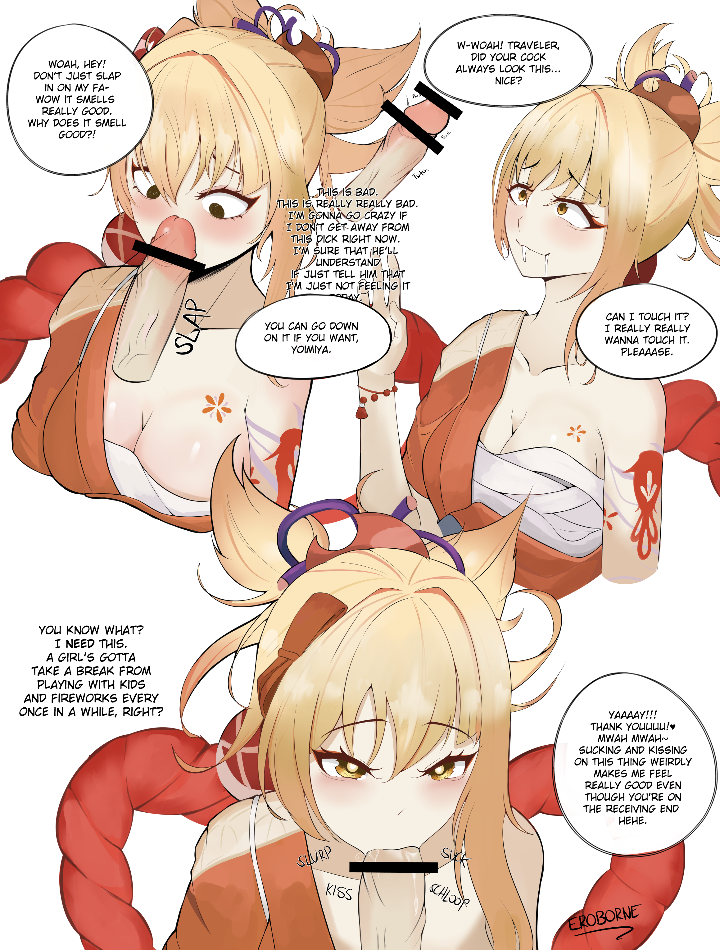 1boy, 1girls, aether (genshin impact), blonde hair, blowjob, blowjob face, breasts, censor bar, censored, dialogue, drawing, eroborne, female, genshin impact, hair ornament, heat, long hair, male, mihoyo, orgasm face, penis, pleasure face, ponytail, saliva, saliva trail, shimenawa, tattoos, yoimiya (genshin impact)