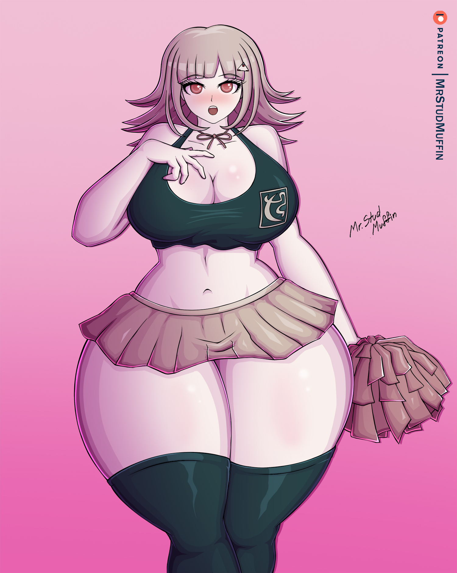 2022, breasts, cheerleader, cheerleader uniform, cleavage, danganronpa, danganronpa 2: goodbye despair, female, large breasts, mrstudmuffin, nanami chiaki, skimpy clothes, straight hair, thick thighs, wide hips