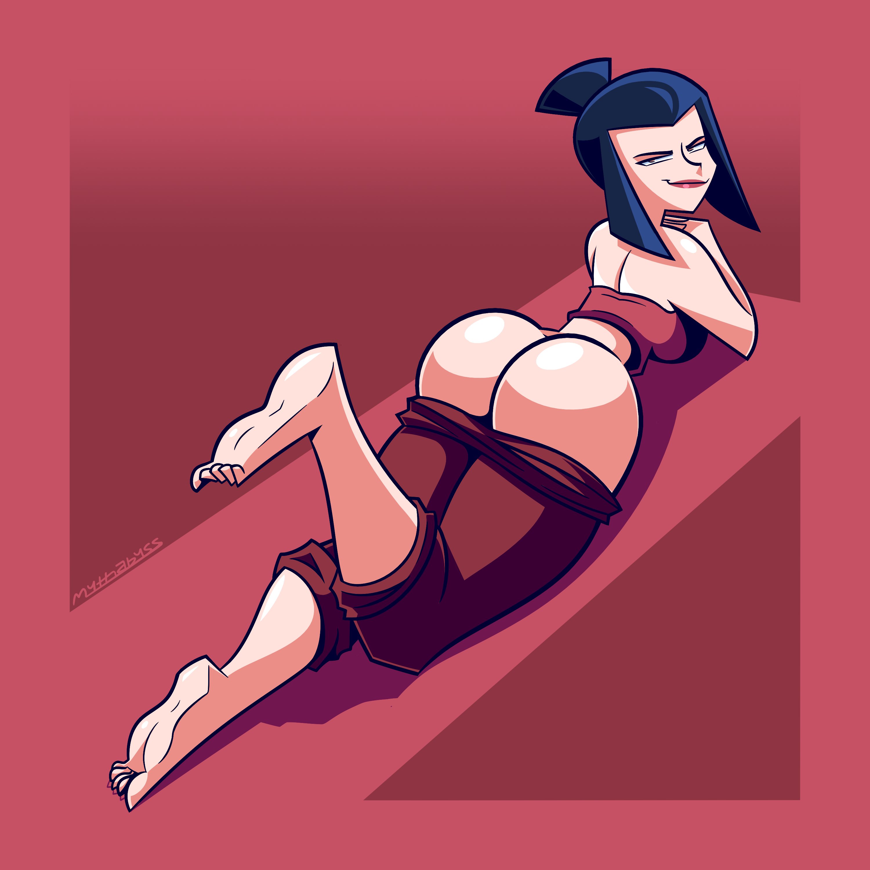 1girls, 2022, ass, avatar the last airbender, azula, big ass, black hair, breasts, bubble ass, bubble butt, clothing, feet, female, female only, looking at viewer, looking back, lying, lying on stomach, medium breasts, mythabyss, on stomach, pants, pants down, smile, smug, solo
