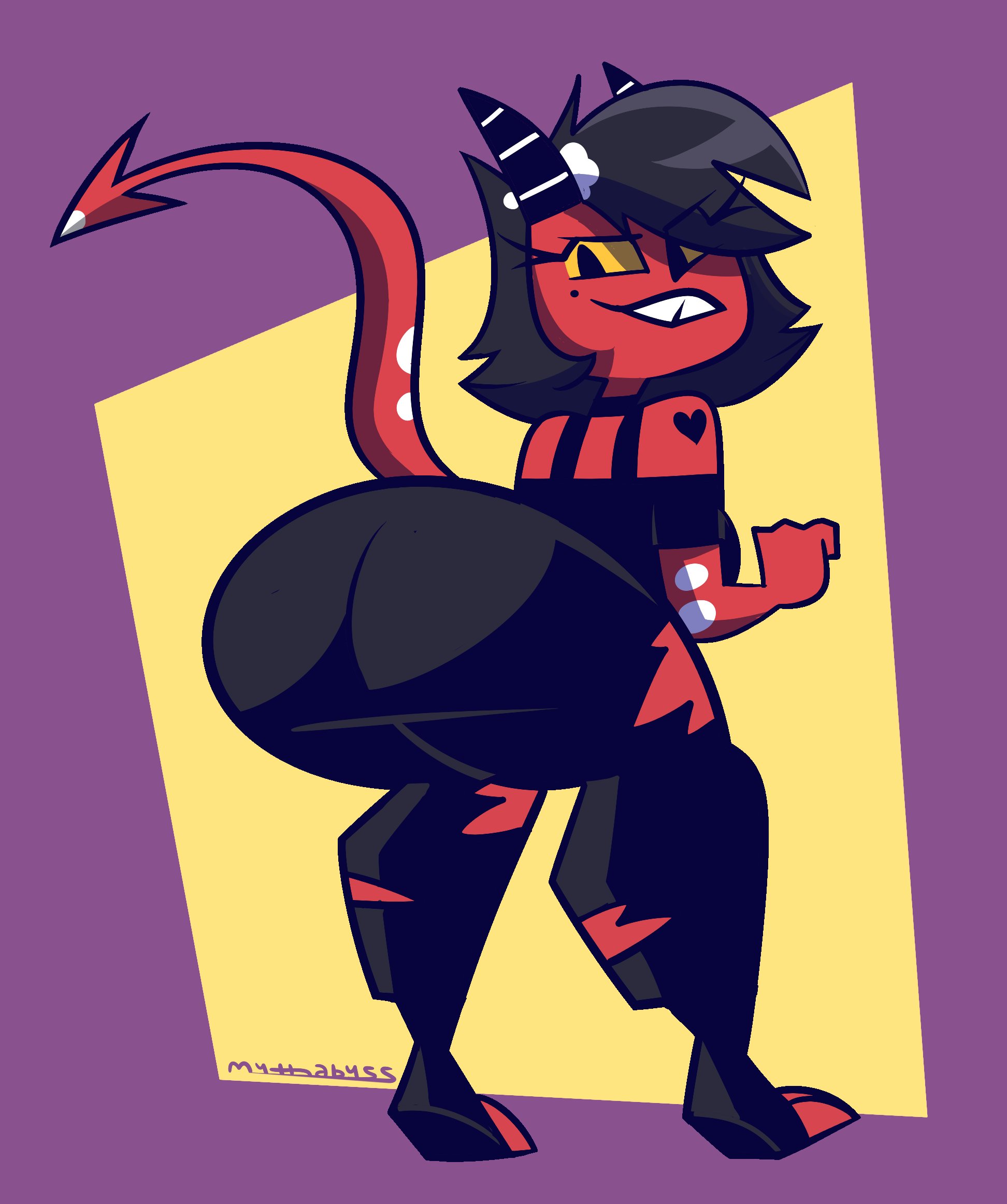 1girls, 2020s, 2022, ass, ass focus, big ass, bubble ass, bubble butt, clothing, demon, demon girl, female, female only, helluva boss, horns, huge ass, imp, looking at viewer, looking back, millie (helluva boss), mythabyss, red body, red skin, shoulder tattoo, solo, tail, tattoo, torn clothing, torn legwear, yellow eyes, yellow sclera