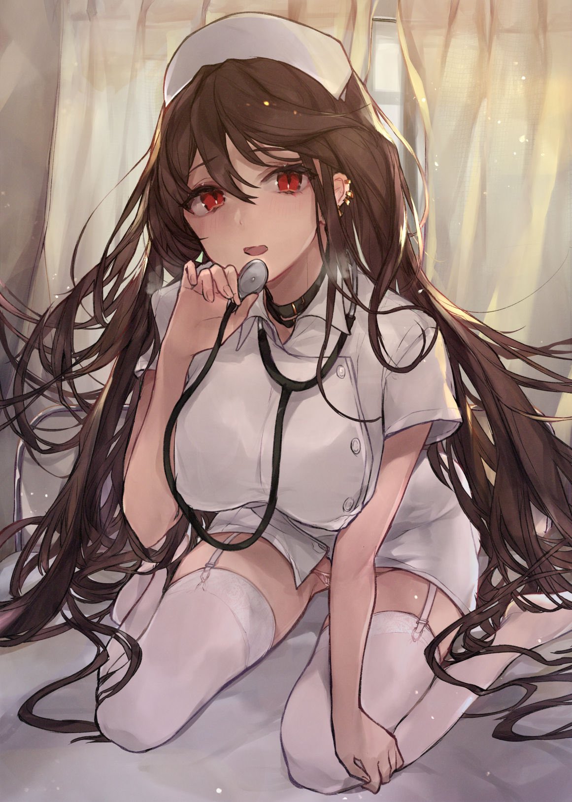 bed, breasts, brown hair, choker, cosplay, ear studs, earrings, fate (series), fate/grand order, female, garter belt, garter straps, hat, kneeling, large breasts, long hair, looking at viewer, nurse, nurse cap, nurse uniform, on bed, open mouth, panties, piercing, red eyes, stethoscope, stockings, very long hair, white legwear, yok01, yu mei-ren (fate)