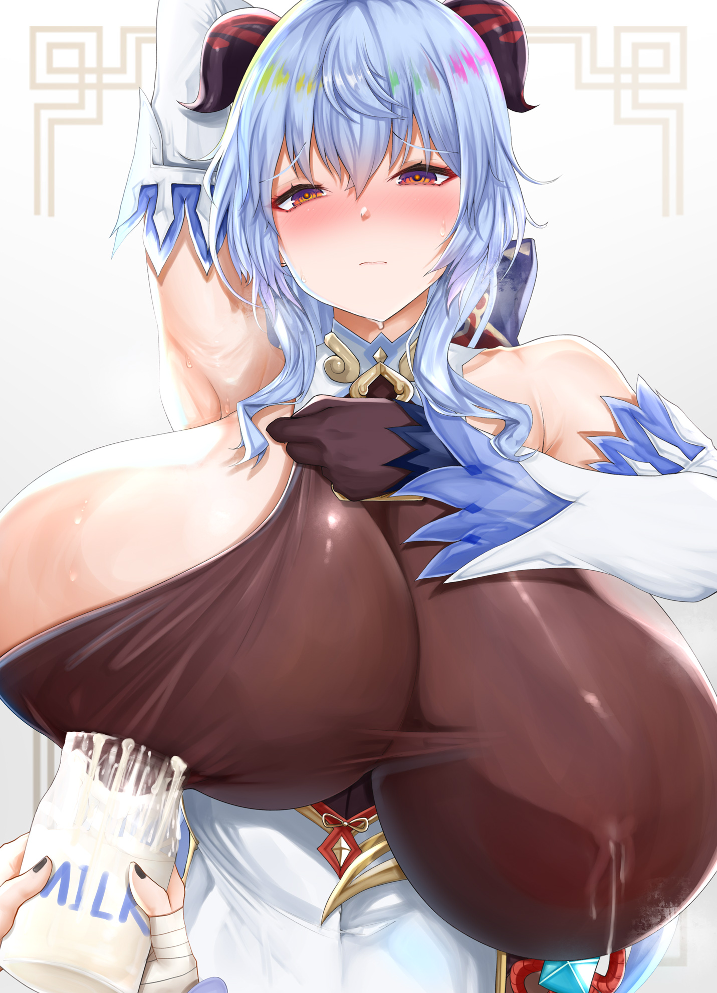 1girls, 2022, ahoge, alternate breast size, arm behind head, arm up, armpits, blue hair, blush, bodystocking, breasts, chomikuplus, embarrassed, female, female focus, ganyu (genshin impact), genshin impact, hi res, horns, huge breasts, lactating, lactating in glass, lactating into container, lactation, lactation through clothes, long hair, looking at viewer, massive breasts, milk, milk in container, purple eyes, solo focus