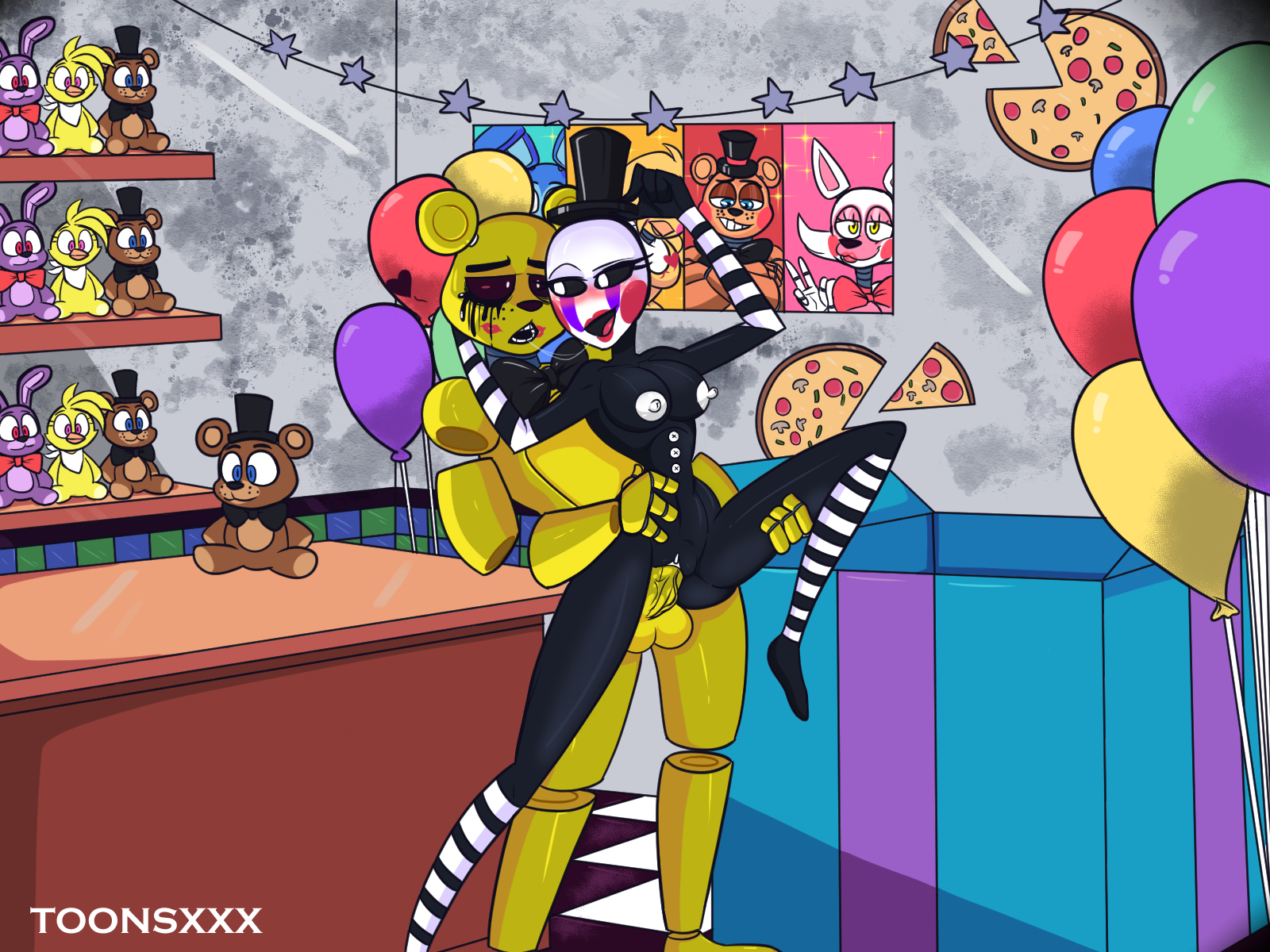 1boy, 1girls, 2022, animatronic, animatronics, areolae, ass, balloon, balloons, bowtie, breasts, eltoonsz, female, five nights at freddy's, five nights at freddy's 2, furry, golden freddy (fnaf), hat, kiss mark, kiss marks, male, male penetrating female, marionette (fnaf), nipples, penetration, penile penetration, penis, puppet (fnaf), puppetxgoldenfreddy, pussy, pussy juice, romantic sex, scottgames, straight, toonsxxx, top hat, vaginal penetration
