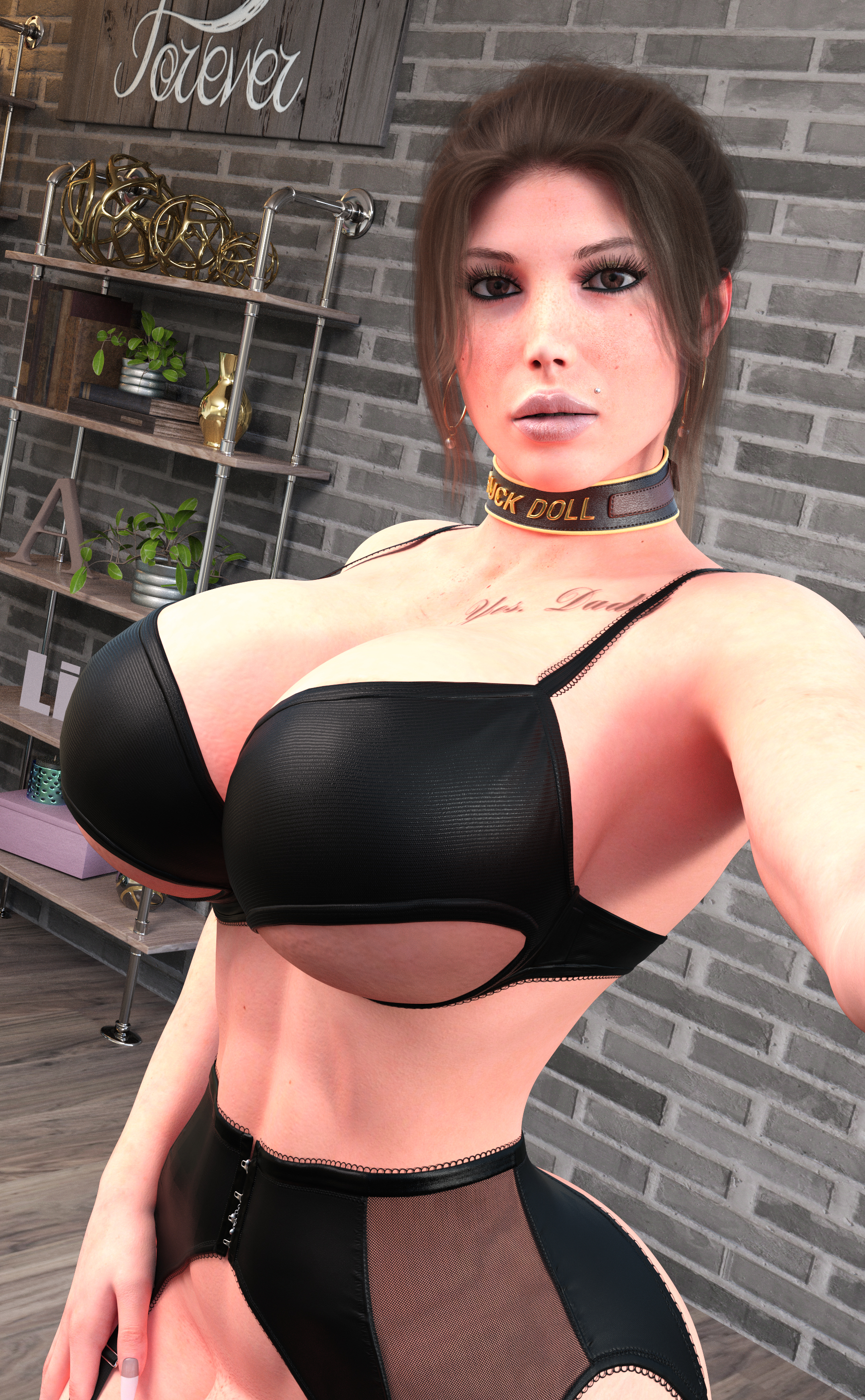 3d, 3d (artwork), big breasts, bimbo, bimbofication, bra, breasts, character, collar, doll, fake breasts, female, female focus, female only, french nails, game character, lara croft, lara croft (survivor), large breasts, lingerie, lip expansion, lips, lipstick, long hair, looking at viewer, makeup, metal 01, piercings, ponytail, selfie, standing, stockings, tagged collar, tattoo, tomb raider, tomb raider (survivor), underboob, underwear
