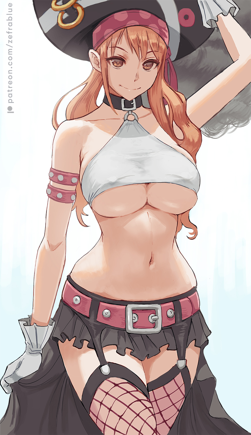 1girls, belted skirt, beltskirt, black miniskirt, black skirt, breasts, cutesexyrobutts (style), female, female only, gloves, hat, large breasts, looking at viewer, miniskirt, nami (one piece), one piece, one piece film red, orange hair, orange-haired female, pirate hat, post-timeskip, short skirt, skirt, smile, solo, underboob, wide hips, zefra bleu