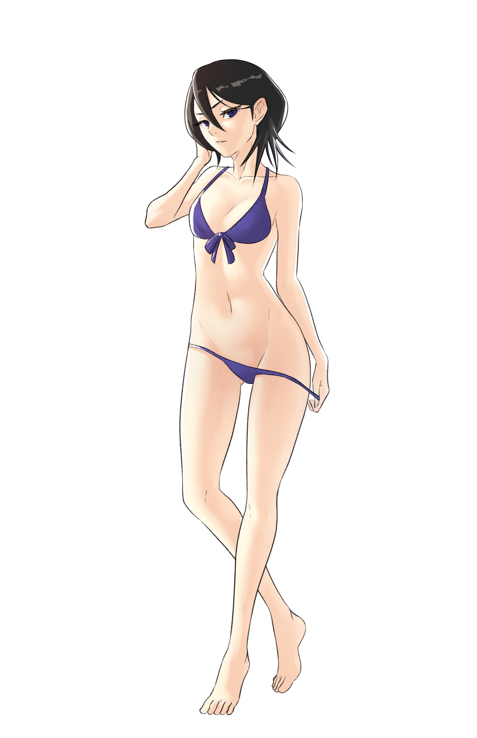 1girls, adjusting hair, bare legs, bikini, black hair, bleach, blue eyes, breasts, female, female only, kuchiki rukia, looking at viewer, pomelomelon, purple bikini, purple swimsuit, short hair, small breasts, solo, swimsuit, undressing, white background