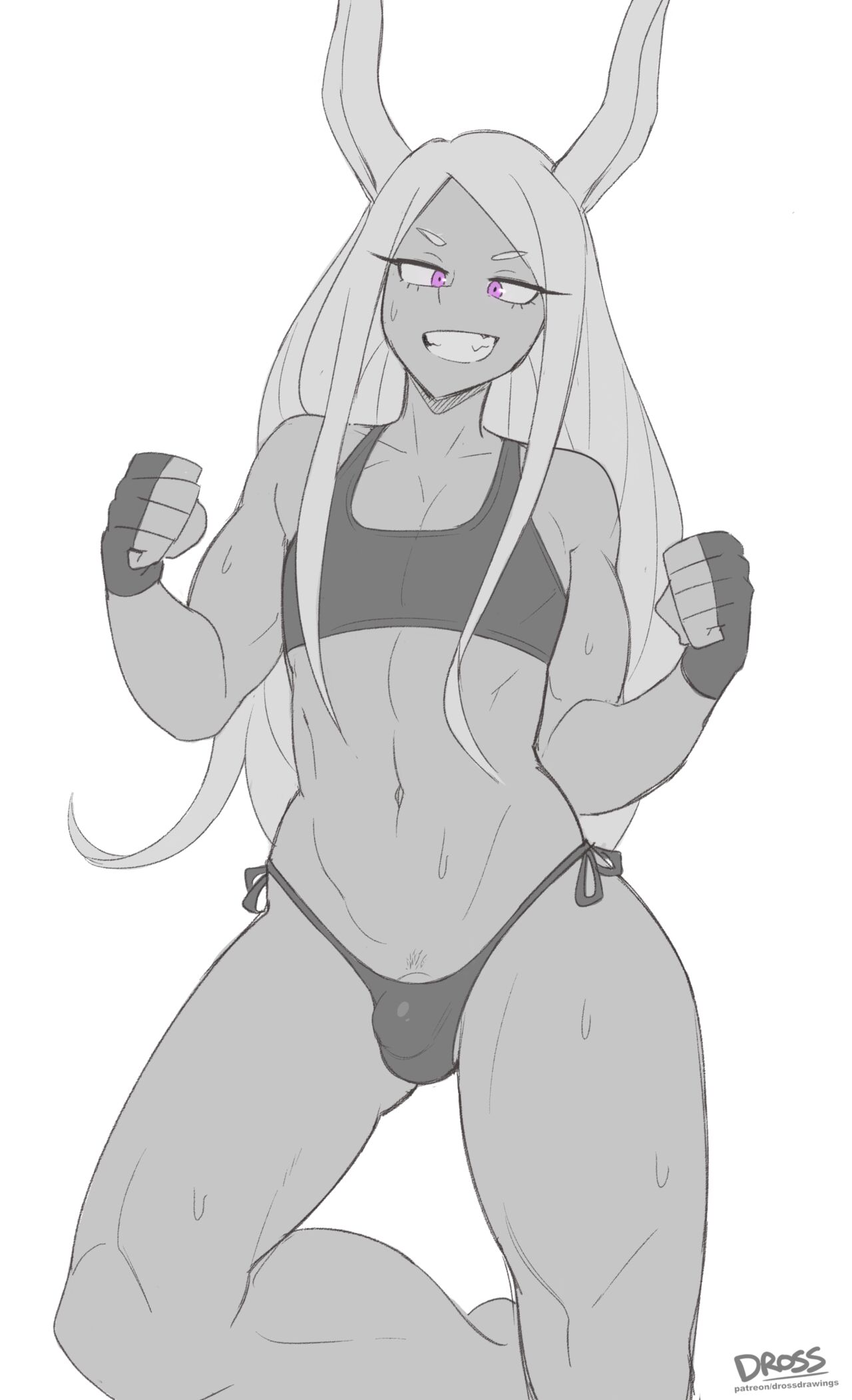 1boy, androgynous, belly, belly button, bikini bottom, black and white, breasts, bulge, bulge through clothing, bunny boy, bunny ears, curvy, dross, femboy, flaccid, genderswap, genderswap (ftm), girly, long hair, male, male only, miruko, muscular, muscular femboy, muscular male, my hero academia, penis, purple eyes, rule 63, rumi usagiyama, small breasts, smile, smiling, solo, sweat, sweating, thick thighs, trap, uncensored, wide hips, yaoi