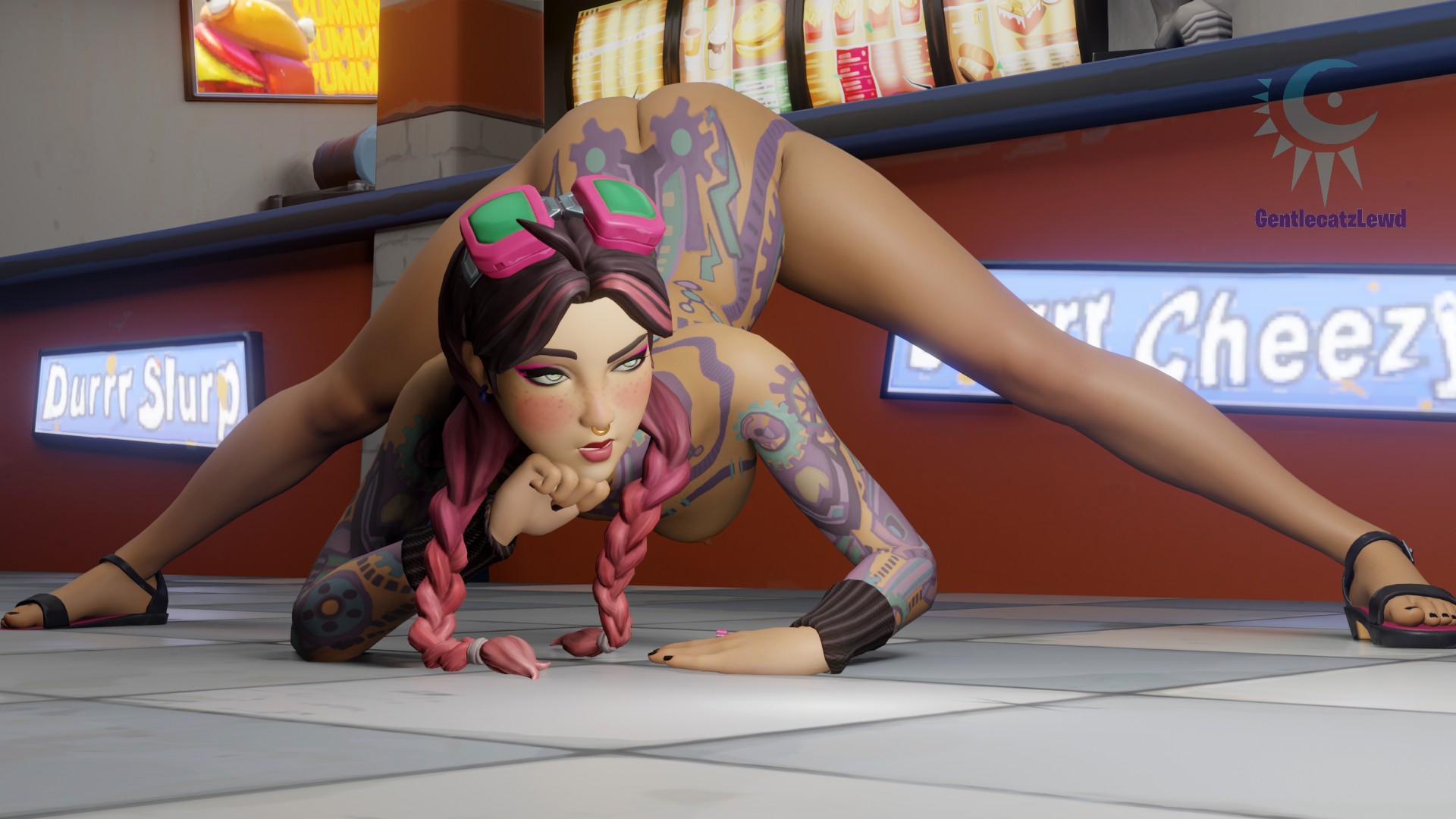 3d, beach jules, black nails, female, female only, fingernails, fortnite, gentlecat, goggles, goggles on head, hands on floor, jack-o pose, jules (fortnite), nail polish, no bra, no panties, nude, nude female, on all fours, pink highlights, tattoo, tattoos, tattoos everywhere, toenail polish, toenails