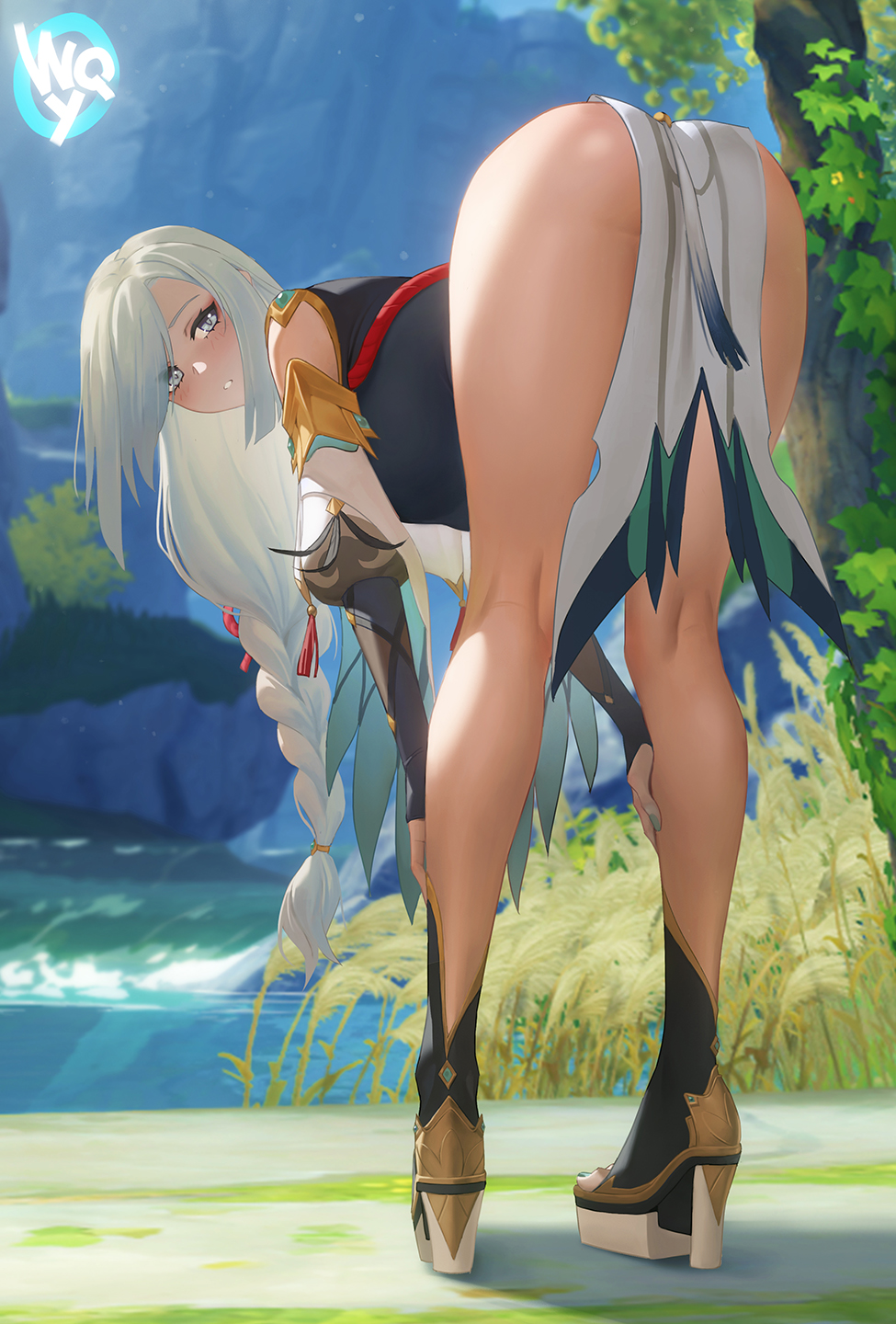 1girls ass bent_over blush braid braided_hair curvy dat_ass female female_only from_behind genshin_impact hi_res highres legs looking_at_viewer shenhe_(genshin_impact) thighs w.q.y white_hair