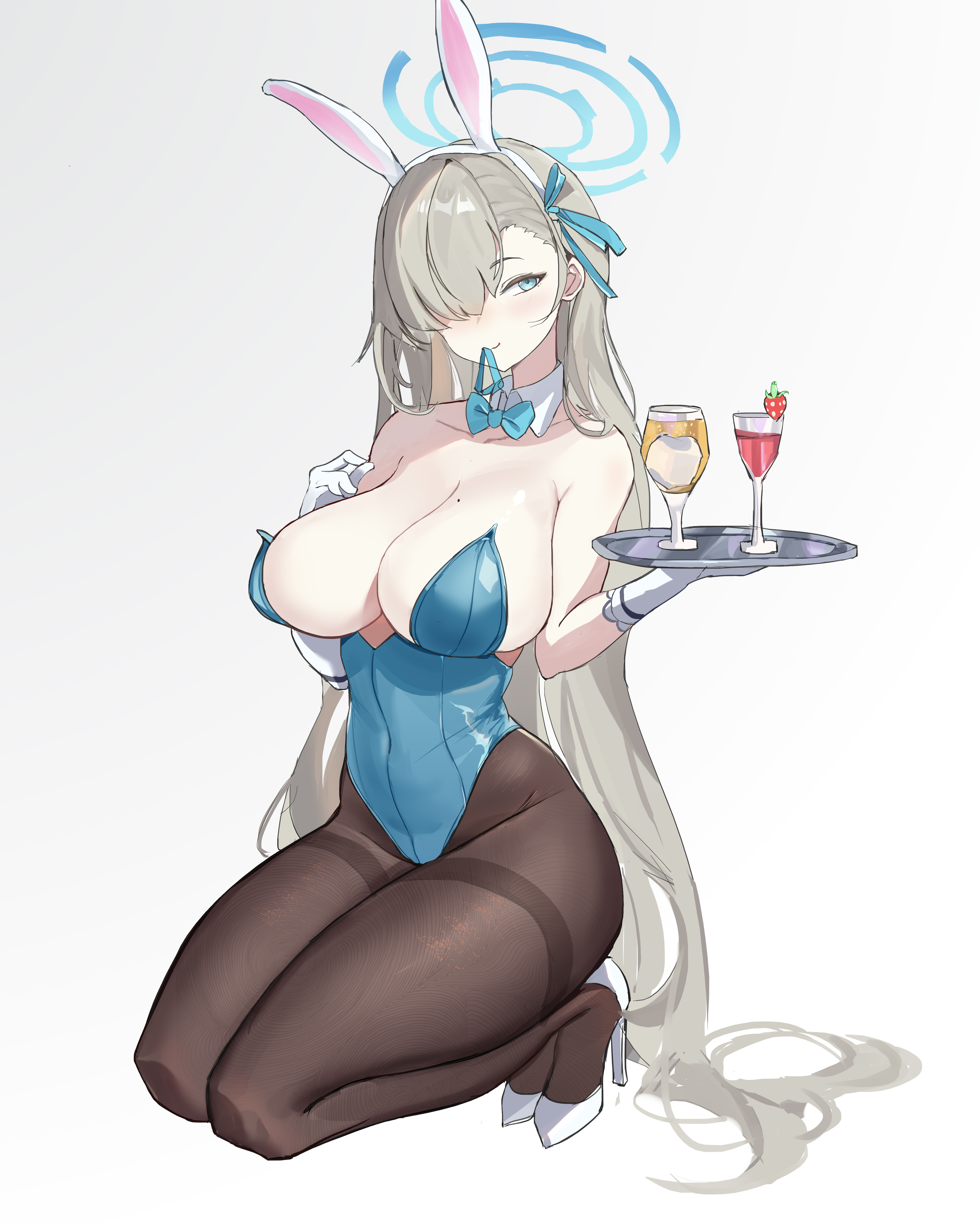 absurdres, animal ears, asuna (blue archive), asuna (bunny girl) (blue archive), asuna (bunny) (blue archive), bangs, blue archive, blue bow, blue bowtie, blue eyes, blue leotard, blush, bow, bowtie, breasts, cleavage, detached collar, drink, fake animal ears, female, full body, hair ornament, hair over one eye, hairband, halo, high heels, highleg, highleg leotard, highres, kneeling, large breasts, leotard, long hair, looking at viewer, mouth hold, nico-weiyan, one eye covered, pantyhose, playboy bunny, rabbit ears, sideboob, smile, solo, sweat, thighs, tongue, tongue out, tray, visible breath, white footwear, white hairband
