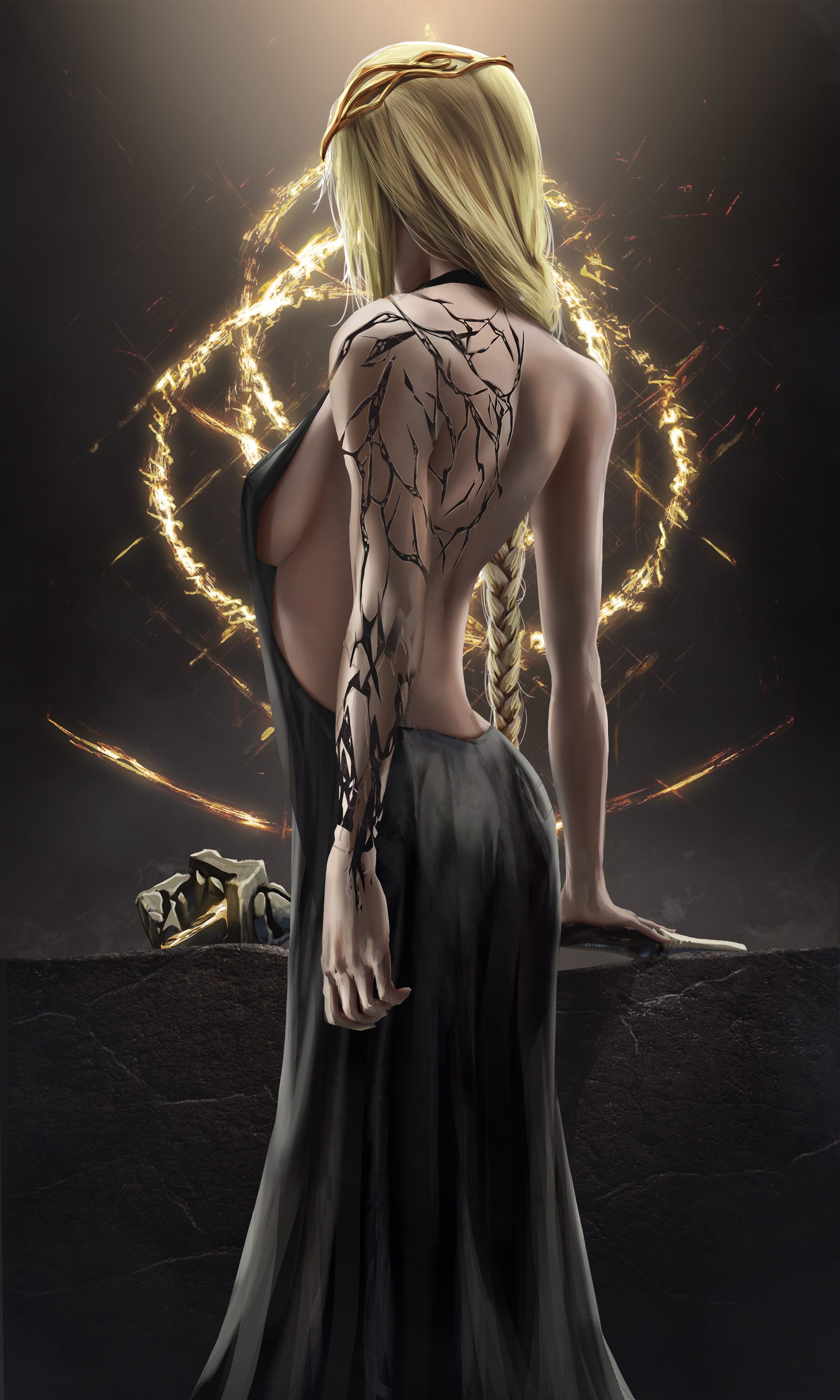 1girls, 2022, artist signature, athletic, athletic female, blonde hair, braided hair, breasts, circlet, cracked skin, dress, elden ring, female, female only, fromsoftware, goddess, gold eyes, hips, human, large breasts, light skin, light-skinned female, long hair, outdoors, painting (artwork), pale skin, pale-skinned female, queen marika the eternal, queen marika the eternal (fractured), sideboob, slim waist, thick thighs, thighs, wide hips, yoellim5