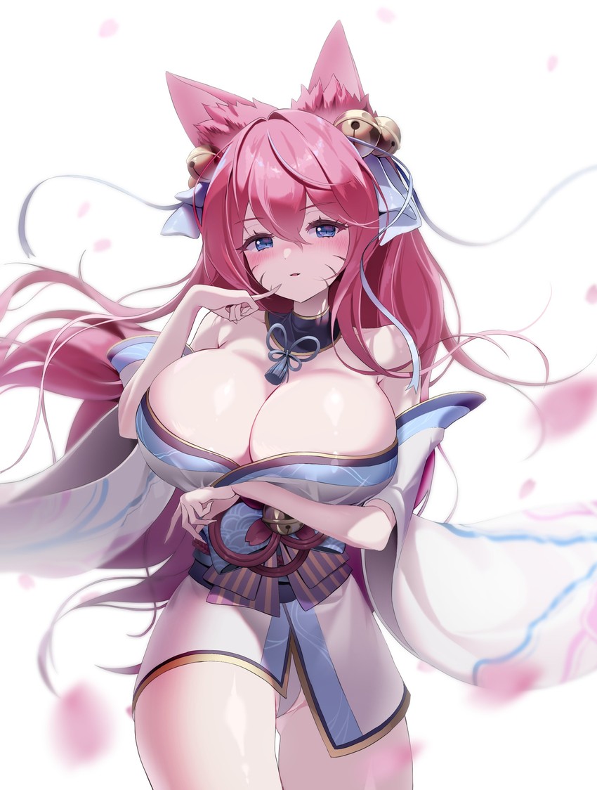 ahri, alternate costume, alternate hair color, alternate hairstyle, animal ear fluff, animal ears, animal girl, bangs, bbakasatang, bell, big breasts, blue eyes, breasts, busty, choker, cleavage, clothing, curves, curvy, curvy body, curvy female, curvy figure, curvy hips, eyelashes, eyeliner, eyeshadow, facial markings, female, fluffy, fluffy ears, fluffy tail, fluffy tails, fox, fox ears, fox girl, fox tail, furry tail, glistening, glistening body, glistening hair, glistening skin, hair ornament, hair ribbon, hips, hourglass figure, huge breasts, humanoid, inner ear fluff, japanese clothes, kemonomimi, kimono, kitsune, large breasts, league of legends, light skin, light-skinned female, long hair, massive breasts, multi tail, nine tailed fox, pale skin, pale-skinned female, pink hair, riot games, robe, spirit blossom ahri, spirit blossom series, tail, thick thighs, thighs, vastaya, video games, voluptuous