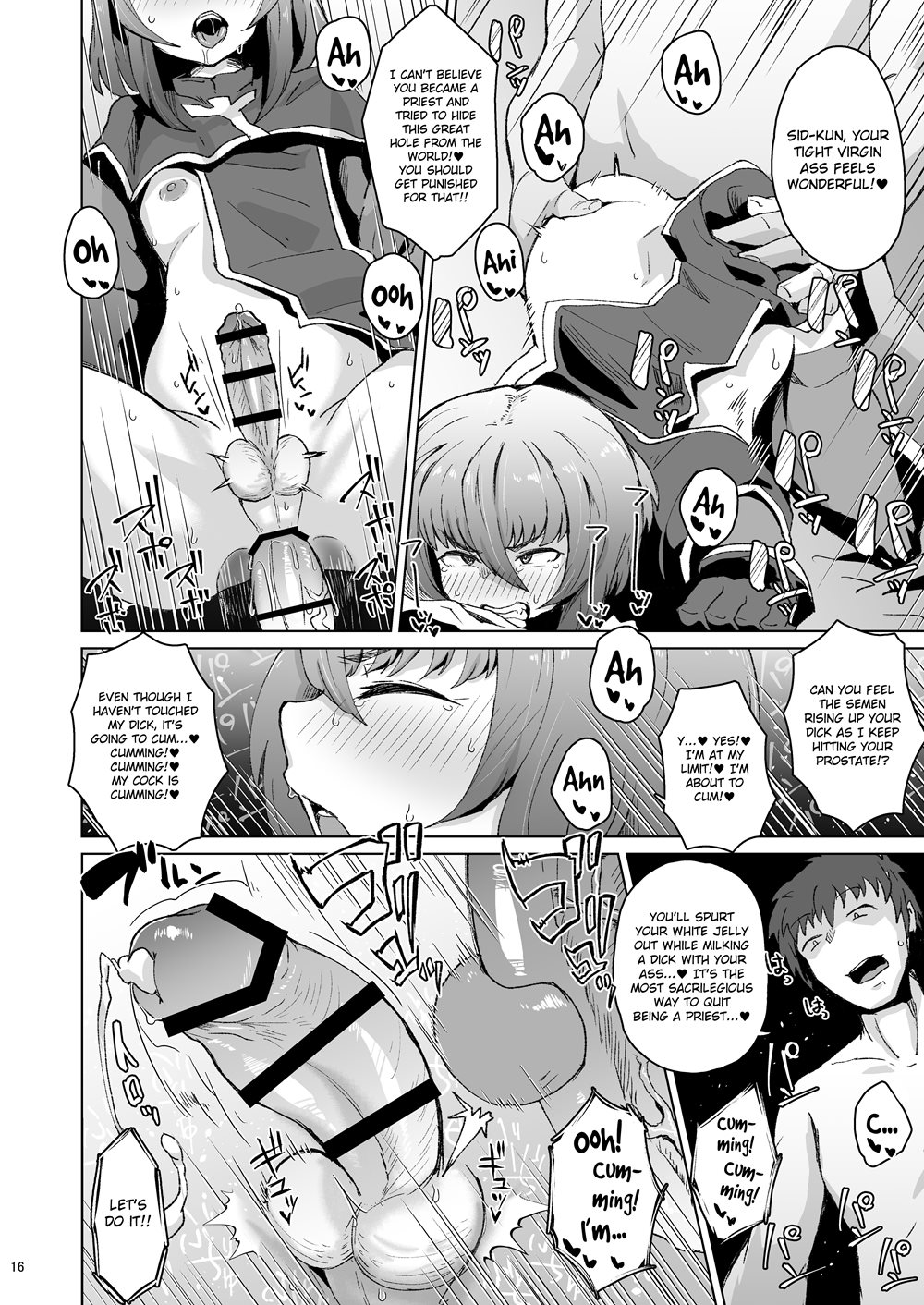 big_penis bigger_dom bigger_male black_and_white clothes comic dialogue femboy gay gay_sex hypnosis priest small_sub smaller_male tagme