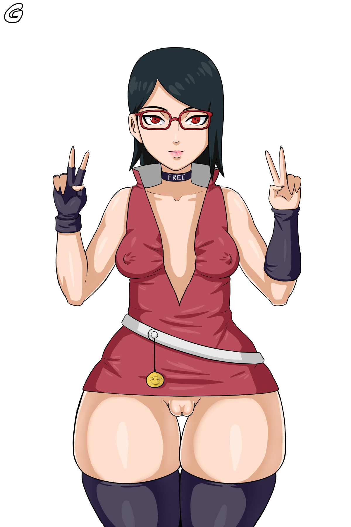 1girls, almost naked, alternate eye color, armband, bare arms, bare shoulders, bare thighs, barely clothed, belt, boruto: naruto next generations, breasts, choker, collar, curvaceous, curves, curvy, curvy body, curvy female, curvy figure, double peace sign, double v, double v sign, dress, erect nipples, erect nipples under clothes, eyewear, female, female only, fingerless gloves, glasses, gloves, grizzlyart, high collar, hourglass figure, innie pussy, legwear, light skin, light-skinned female, lipstick, long hair, looking at viewer, makeup, megane, minidress, mostly nude, naruto, naruto (series), neckwear, nipples, no bra, no panties, no underwear, partially clothed, peace sign, petite, petite body, pinup, pinup pose, puffy pussy, pussy, red eyes, red-framed eyewear, red-framed glasses, red-tinted eyewear, revealing clothes, sarada uchiha, sharingan, shiny, shiny clothes, shiny hair, shiny skin, short, shoulder length hair, skimpy, skimpy clothes, small breasts, smaller female, smile, smiling, smiling at viewer, solo, solo focus, teenage female, teenager, thick thighs, thighhighs, tight clothes, tight clothing, uncensored, unusual anatomy, unusual eyes, unusual pupils, v, waving, waving at viewer, wide hips, young, younger female