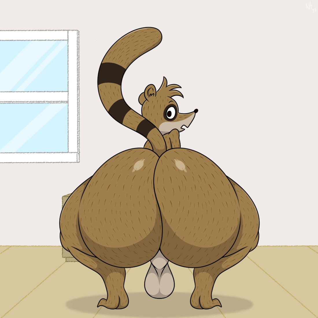 anthro ass backsack balls big_butt brown_body brown_fur bubble_butt cartoon_network crouching dark_brown_fur fur genitals huge_butt light_brown_fur looking_at_viewer looking_back male male_only mammal markings multicolored_body multicolored_fur nt6969 procyonid raccoon rear_view regular_show rigby_(regular_show) solo solo_focus striped_markings striped_tail stripes stripped tail_markings window