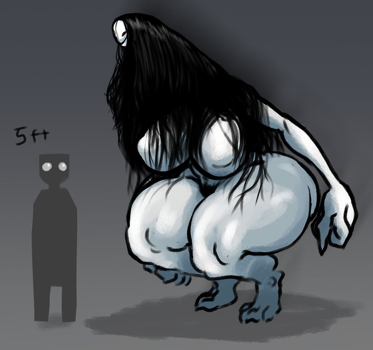 1boy, 1girls, big breasts, bigger female, breasts, creature, creepy, female, female creature, giantess, huge breasts, hyper thighs, large female, long hair, male, mask on head, masked, mini giantess, monster, monster girl, repomorame, sharp fingernails, size comparison, size difference, taller female, thick thighs