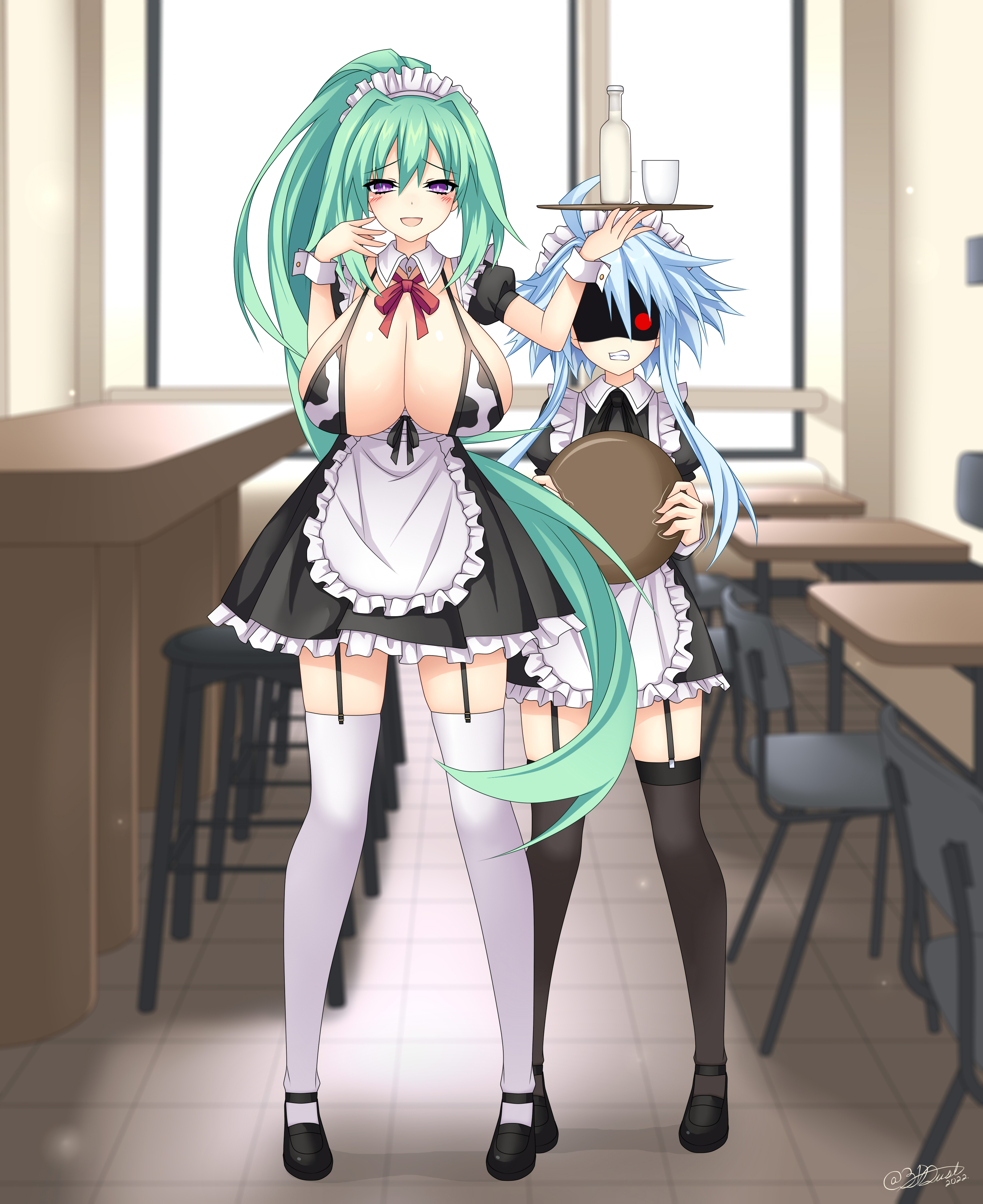 2girls, absurdres, angry, animal print, artist name, big breasts, bikini, bikini top only, blanc, blue hair, blush, breast envy, breasts, breasts out, busty, cleavage, clenched teeth, cow print, cow print bikini, female, female only, goddess, green hair, green heart, green heart (neptunia), height difference, highres, huge breasts, legs, long hair, looking at viewer, maid, maid headdress, milk, multiple females, multiple girls, neptunia (series), open mouth, ponytail, purple eyes, red eyes, shaded face, short hair, smile, stockings, swimsuit, teeth, thighs, vert, white heart, white heart (neptunia)