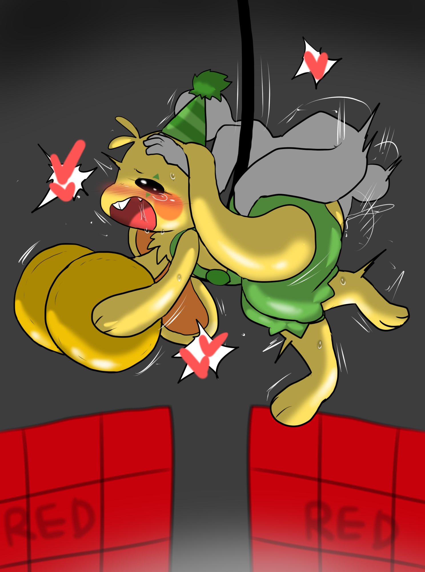 2boys, absurd res, anal, anon, anthro, balls, blush, bunny ears, bunzo bunny, enigi09, gay, hi res, human on anthro, male, open mouth, penis, perching position, poppy playtime, rabbit, sex, suspended in midair, testicles, thrusting, yaoi, yellow fur