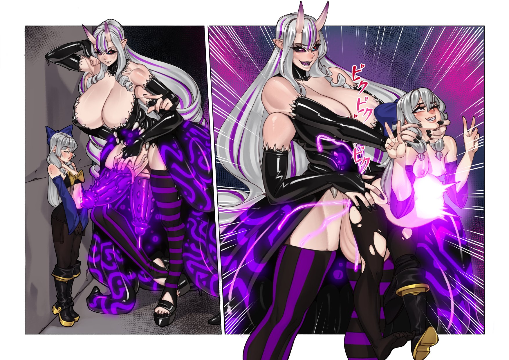 1futa, 1girls, against wall, balls, big breasts, black dress, black footwear, black gloves, black nails, black sclera, blue hair, boots, breasts, clenched teeth, commission, detached collar, diphallia, diphallism, double penetration, double v, elbow gloves, female, fucked silly, futa on female, futanari, fute, grin, hair bow, height difference, heterochromia, huge breasts, huge penis, intersex, large insertion, long hair, malice (worstwarlock), multi arm, multi genitalia, multi limb, multi penis, multicolored hair, open mouth, open toe shoes, pale skin, penis, penis on stomach, platform footwear, platform heels, precum, purple eyes, purple penis, red eyes, silver hair, size difference, smile, spiked penis, standing sex, stomach bulge, suspended on penis, tagme, tentacles, toeless footwear, truedevirish, very long hair