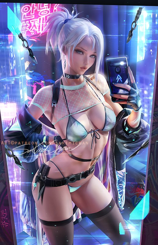 1girls, 2022, abs, artist signature, belly button, big breasts, bikini, blue eyes, breasts, cleavage, female, female only, hand on hip, hips, holding object, jett (valorant), long hair, looking at viewer, phone, ponytail, sakimichan, selfie, slim waist, thick lips, thick thighs, thighs, valorant, watermark, white hair, wide hips