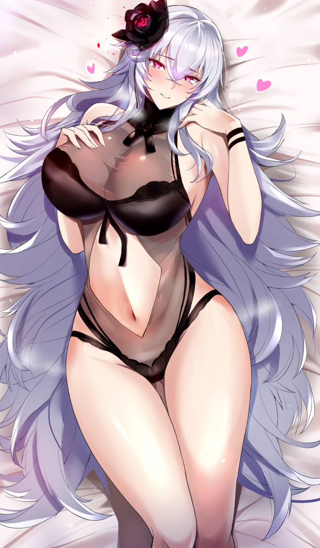 1girls azur_lane bangs bare_shoulders bed_sheet black_swimsuit blush breasts female female_only graf_zeppelin_(azur_lane) graf_zeppelin_(beachside_urd)_(azur_lane) iron_blood_(azur_lane) kumakichi_(cost-lost) large_breasts light-skinned_female light_skin long_hair looking_at_viewer on_bed one-piece_swimsuit purple_eyes solo swimsuit very_long_hair white_bed_sheet white_hair