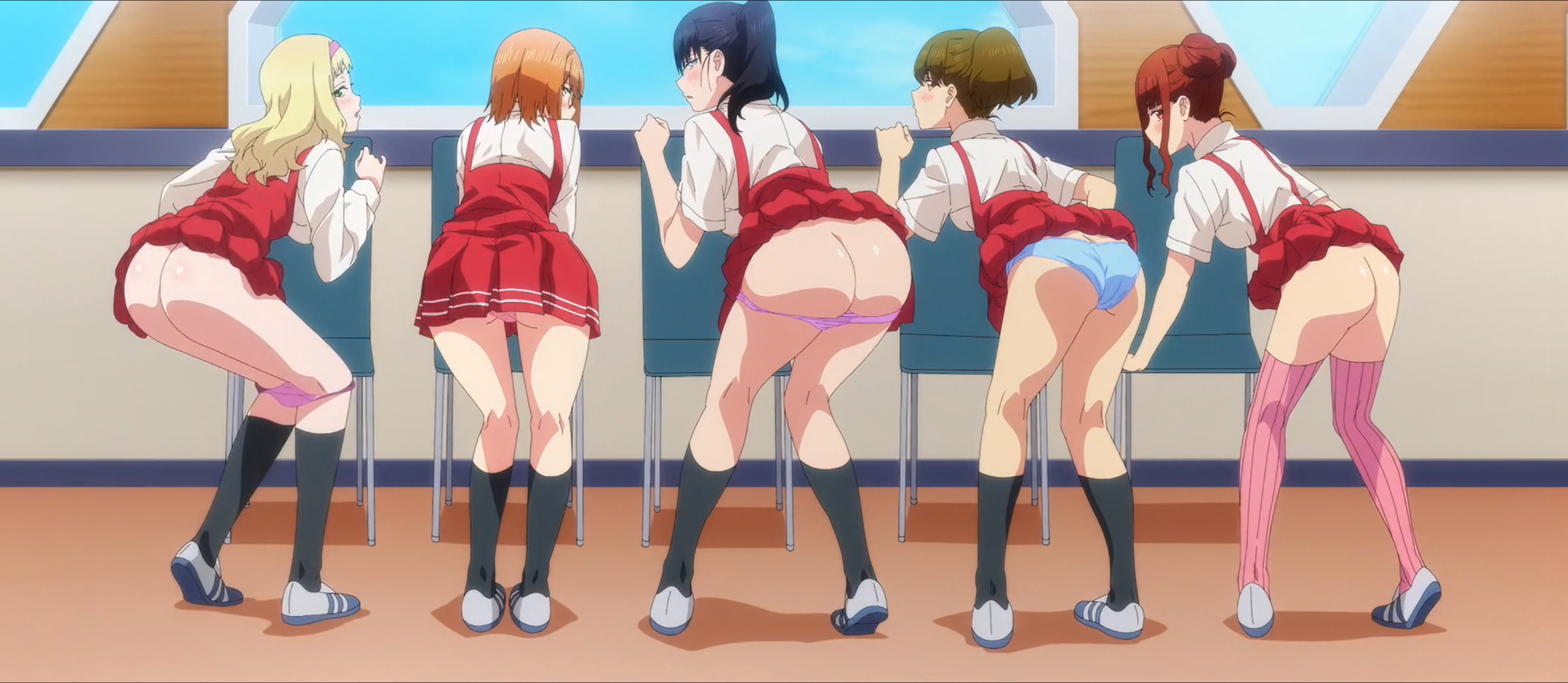 5girls, absurdres, ass, ass cleavage, ass crack, big ass, blonde hair, blush, bubble ass, bubble butt, butt crack, clothes lift, come hither, double bun, female, hair bun, highres, legs, looking at viewer, looking back, medium hair, multiple females, multiple girls, panties, panties around legs, panties down, panty pull, ponytail, school uniform, screencap, shuumatsu no harem, skirt, skirt lift, socks, stitched, take your pick, thighhighs, thighs, third-party edit, toudou akira (shuumatsu no harem), underwear