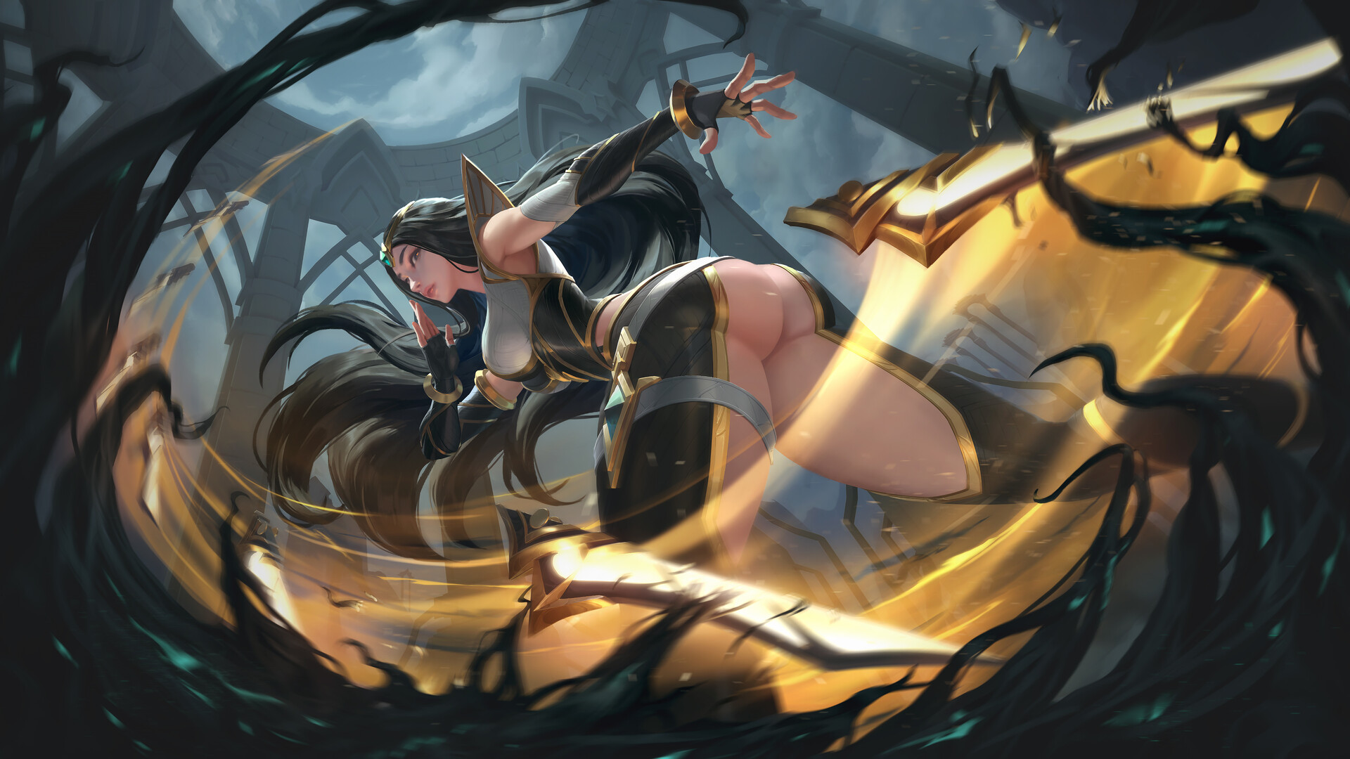 alternative costume, artist request, ass, big ass, female, irelia xan, league of legends, long hair, looking at viewer, realistic, sentinel irelia