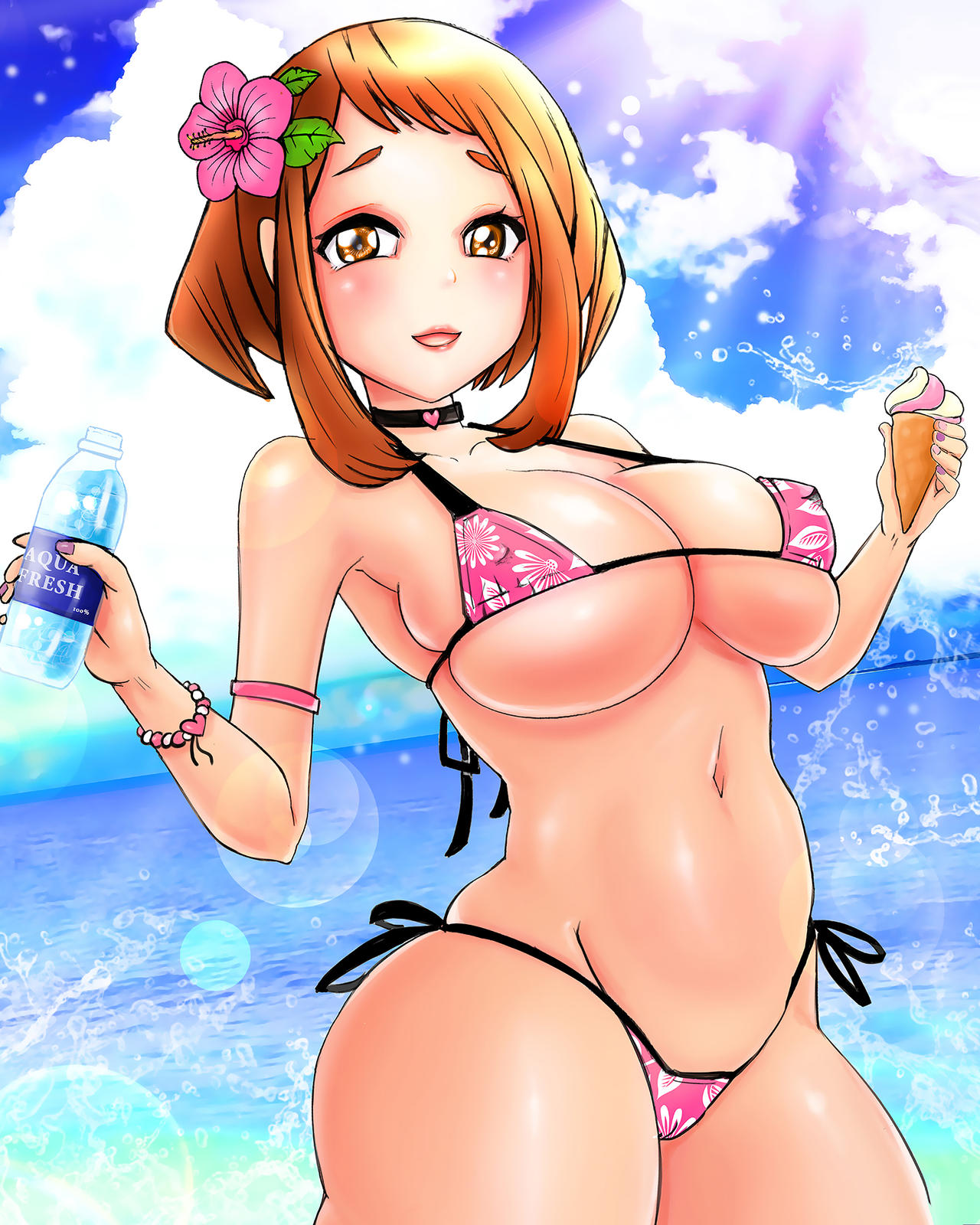 1girls, beach, big breasts, bikini, bottle, breasts, brown eyes, brown hair, brown-haired female, busty, cameltoe, cleavage, female, floral print, flower in hair, food, highres, ice cream, large breasts, legs, looking at viewer, my hero academia, navel, ocean, ochako uraraka, pink bikini, pussy, short hair, smile, solo, swimsuit, thick thighs, thighs, underboob, voluptuous, water, water bottle