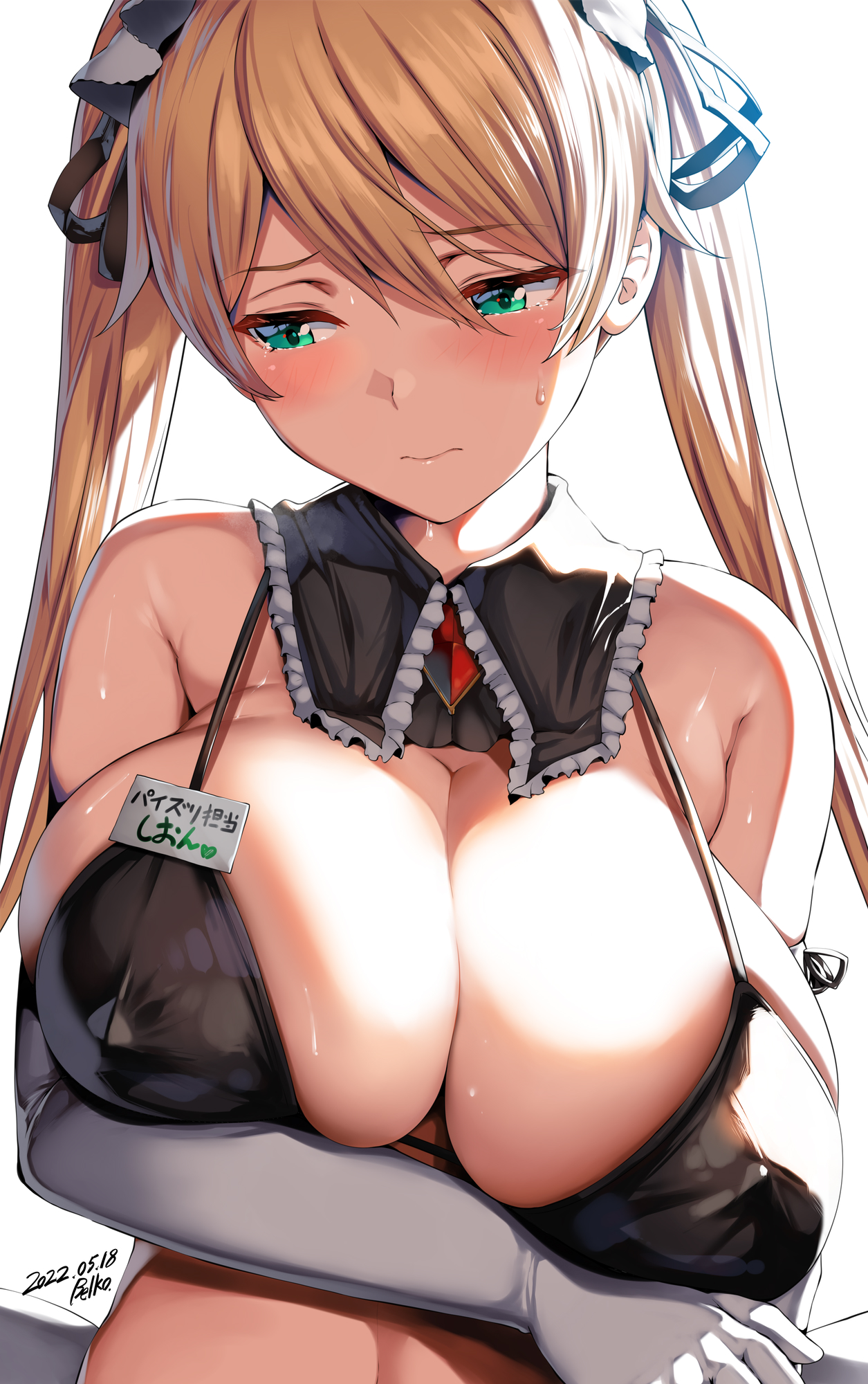 belko, big breasts, blonde female, blonde hair, bra, breasts, character request, copyright request, embarrassed, female, original, original character, tagme