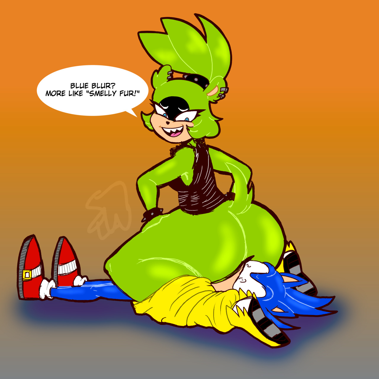 1boy, 1girls, accessory, anthro, anthro on anthro, ass, ass in face, baggy pants, big ass, big butt, black nose, blue body, blue eyes, blue fur, blue hair, blue skin, bubble ass, bubble butt, clothing, dialogue, enemies having sex, exposed torso, eyelashes, facesitting, female, footwear, green body, green fur, green hair, green skin, hair accessory, hairband, handwear, holding thighs, huge ass, huge butt, humanoid, idw comics, idw publishing, male, mobian (species), pants down, ponytail, sega, sharp teeth, shocked, shocked expression, sideburns, sitting on face, sitting on person, sleeveless shirt, smothering, sneakers, sonic (series), sonic the hedgehog, sonic the hedgehog (comics), sonic the hedgehog (idw), sonic the hedgehog (series), surge the tenrec, tail, tenrec, thick thighs, two-tone fur, wide hips