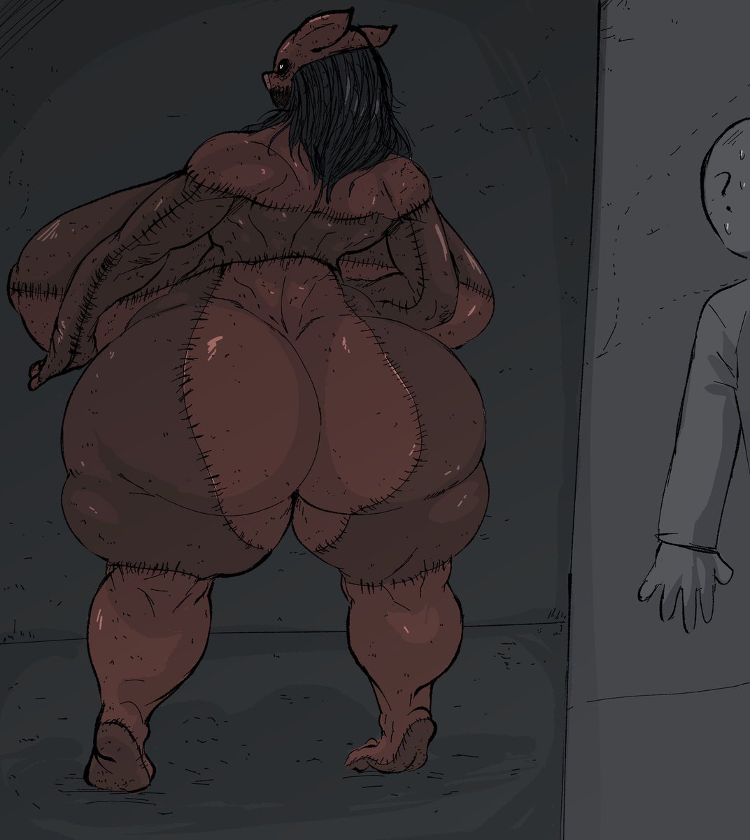 1boy, 1girls, anthro, ass, big breasts, breasts, crazy female, creepy, female, female focus, gigantic ass, huge ass, huge breasts, hyper ass, male, masked female, overweight, overweight female, repomorame, scary, serial killer, thick thighs, wide hips