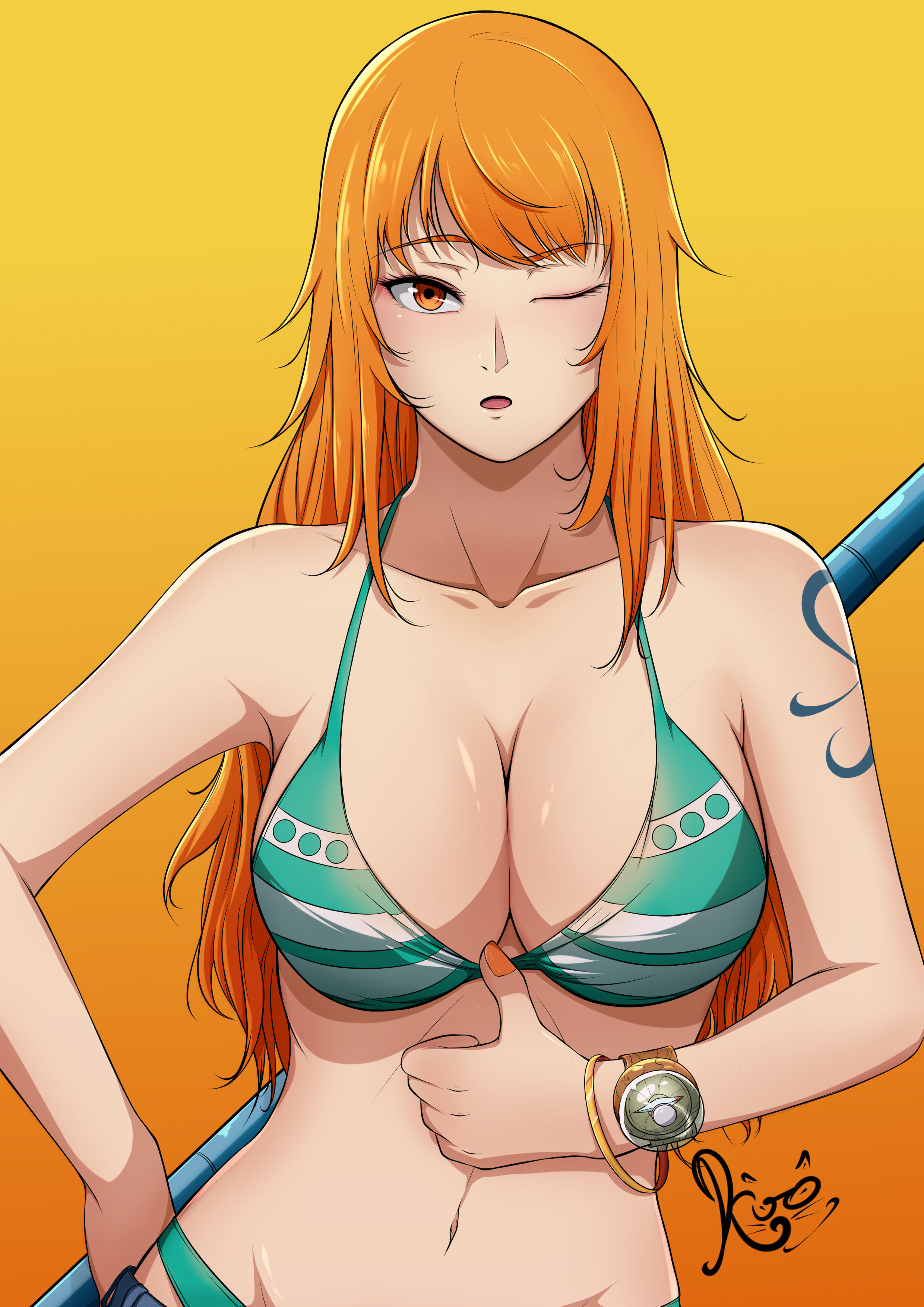 1girls, absurdres, arm tattoo, big breasts, bikini, bikini top pull, blue tattoo, breasts, busty, cleavage, clima-tact, female, female only, green bikini, hand on hip, highres, jeans, large breasts, log pose, long hair, looking at viewer, nami (one piece), navel, one eye closed, one piece, open mouth, orange eyes, orange hair, orange-haired female, pole, solo, striped bikini, swimsuit, tattoo, teasing