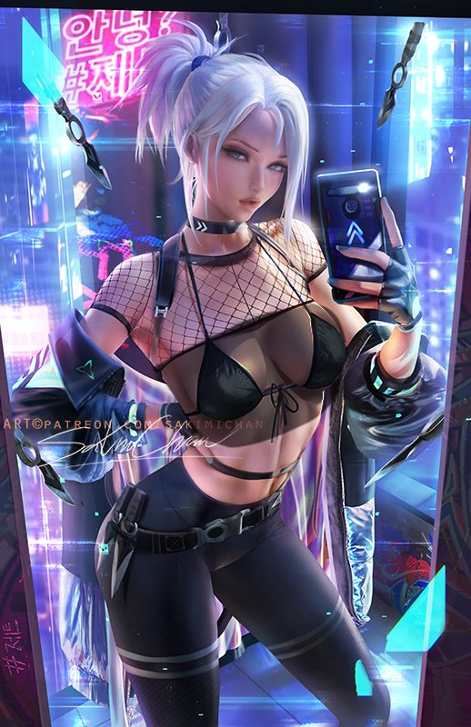 1girls, 2022, abs, artist signature, belly button, big breasts, bikini top, blue eyes, breasts, cleavage, female, female only, fishnet topwear, hand on hip, hips, holding object, jett (valorant), long hair, looking at viewer, phone, ponytail, sakimichan, selfie, slim waist, thick lips, thick thighs, thighs, valorant, watermark, white hair, wide hips