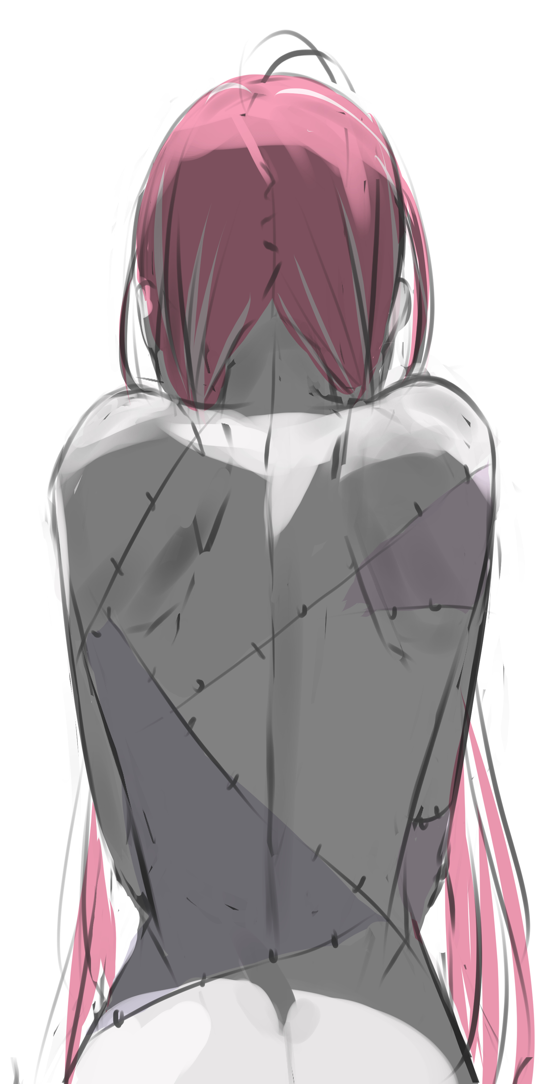 1girls, back, bare back, female, grey skin, hololive, hololive indonesia, hololive indonesia holoro, kureiji ollie, long hair, patchwork skin, red hair, robbilgigh, stitched, tagme, virtual youtuber, zombie, zombie girl