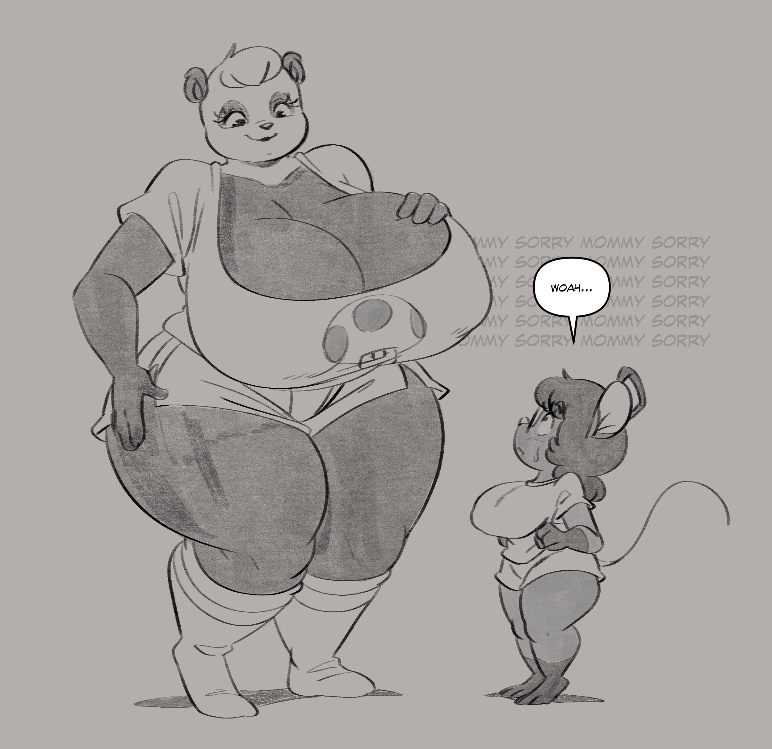 2girls, anthro, bear, big breasts, breasts, female, giant panda, gwen martin, huge breasts, joaoppereiraus, larger female, mouse, multiple females, multiple girls, rodent, size difference, sueli (joaoppereiraus), tagme